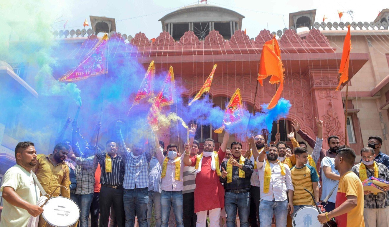 Members of the youth wing of the Bharatiya Janata Party in Amritsar celebrate the groundbreaking ceremony of the Ram Temple in Ayodhaya. Photo: AFP