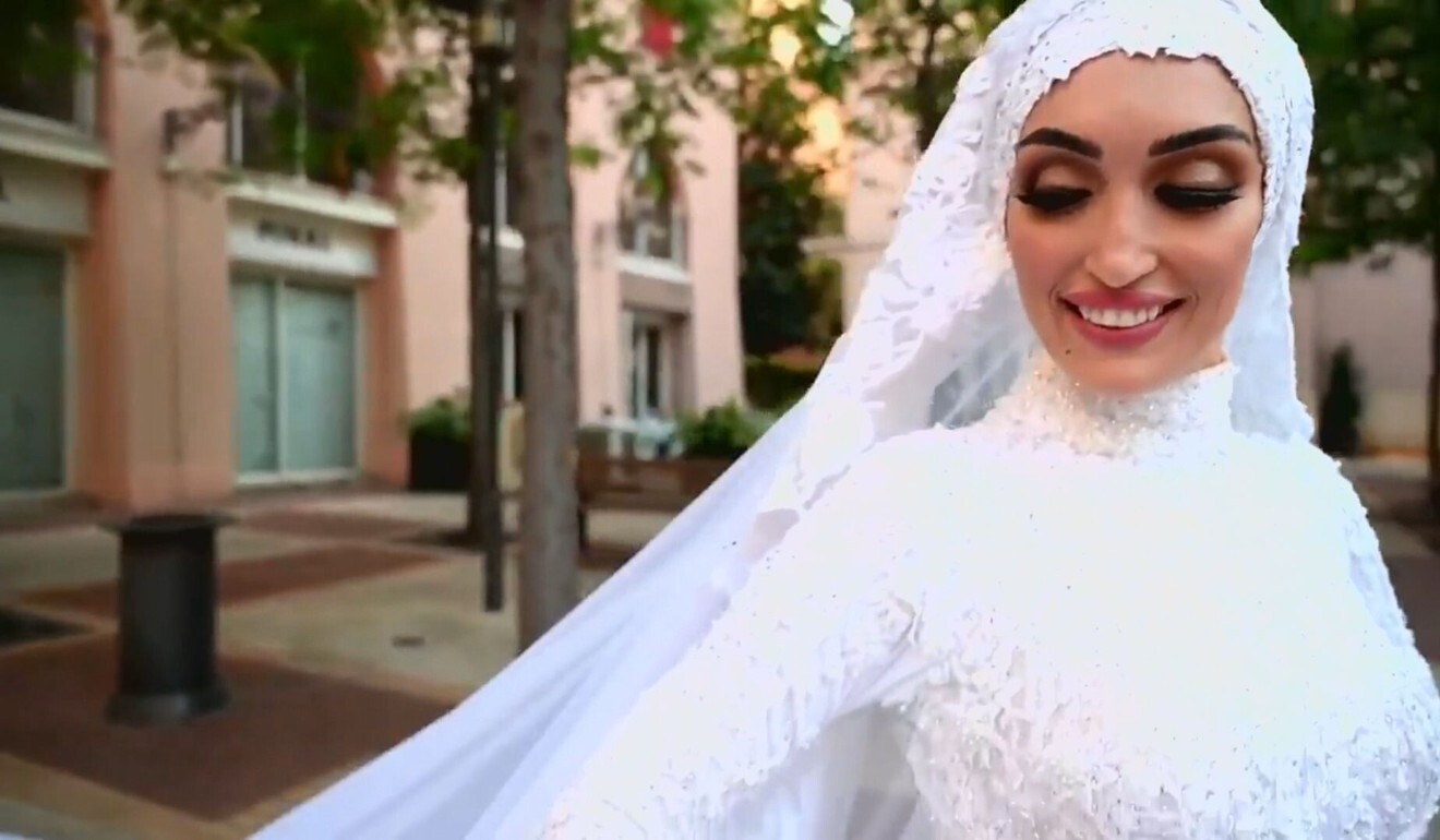 Lebanese bride Israa Seblani whose wedding video captured the moment of the Beirut blasts. Photo: Handout