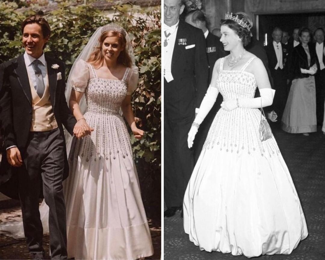 Twice as nice: Princess Beatrice wearing her grandmother’s dress and tiara at her wedding. Photo: @allaboutfashionhistory/ Instagram