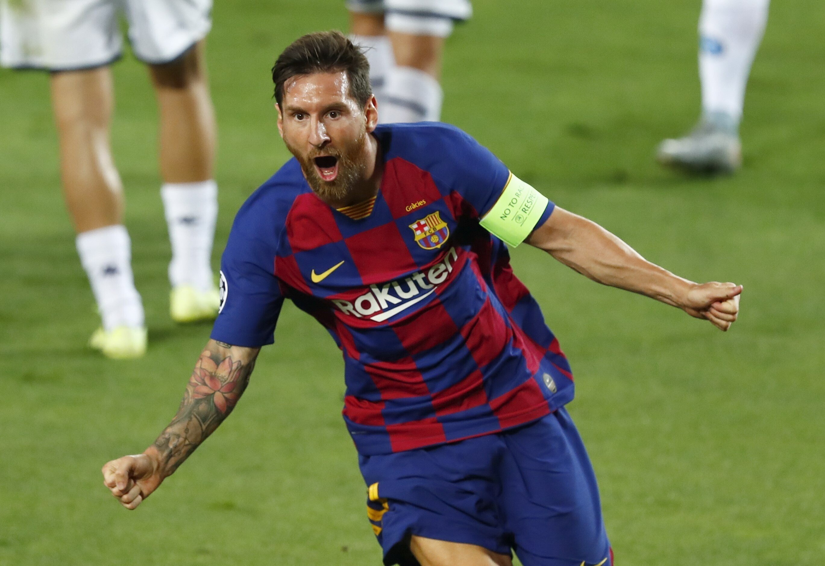 Barcelona's Lionel Messi celebrates scoring against Napoli at the Camp Nou in the Uefa Champions League. Photo: AP