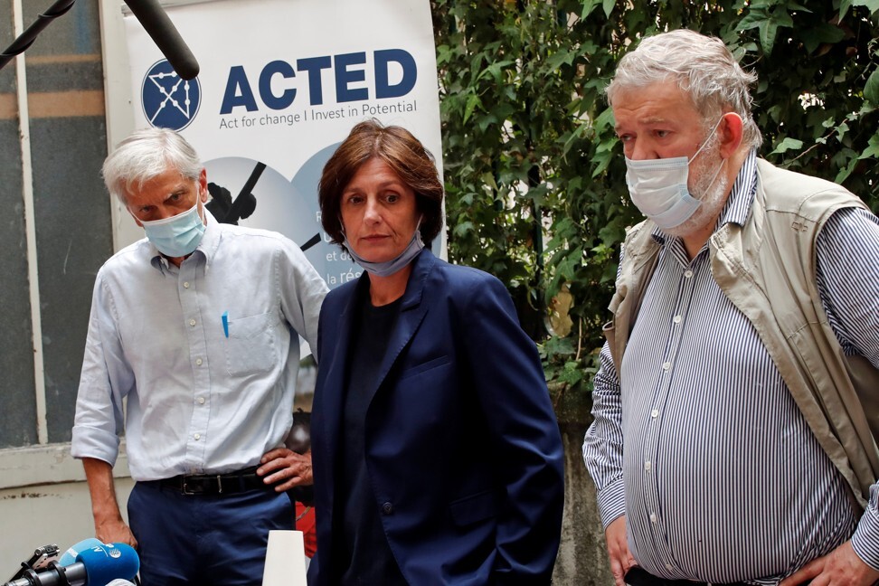 From left: Acted’s Vice CEO Frederic de Saint-Sernin; CEO and co-founder of Acted Marie-Pierre Caley; and Frederic Roussel, co-founder and development director of Acted. Photo: Reuters