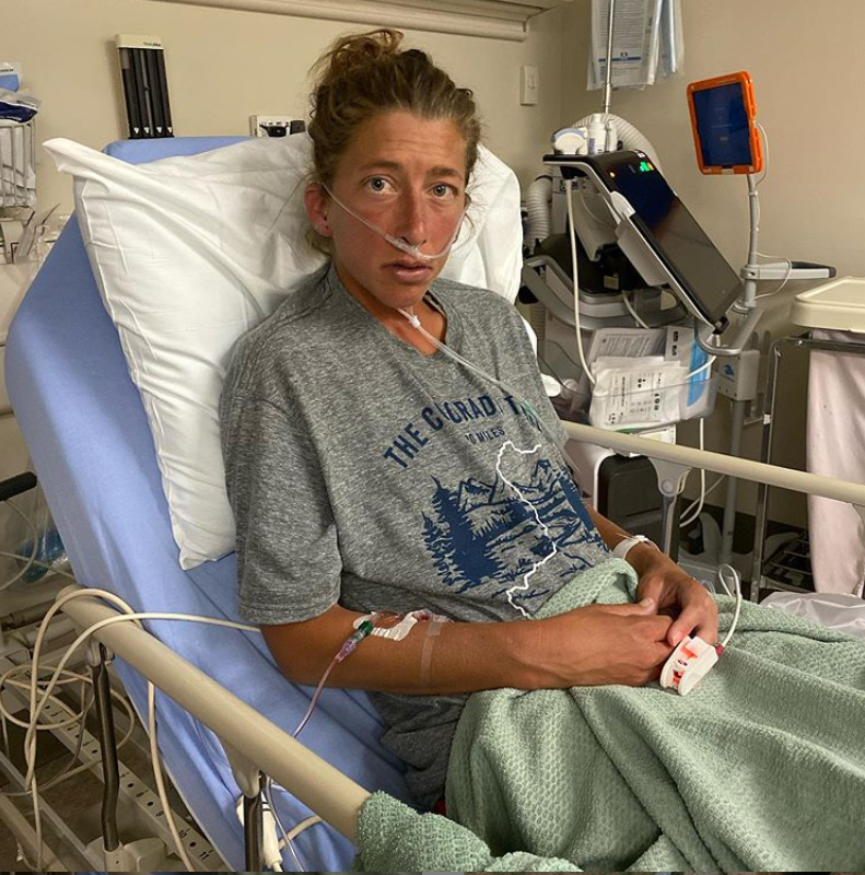 Courtney Dauwalter in hospital after her Colorado Trail FKT attempt. Photo: @courtneydauwalter/Instagram