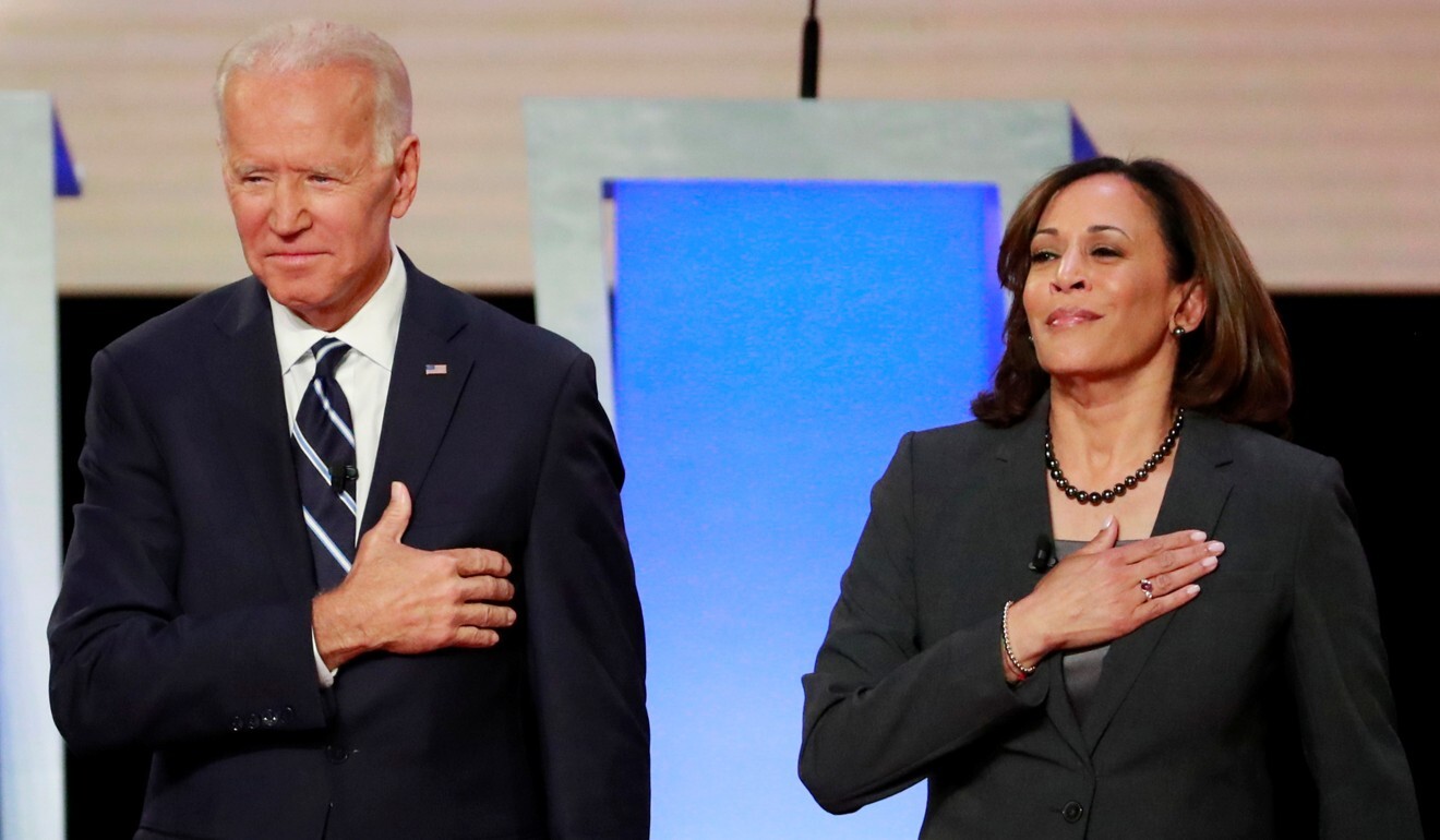 Joe Biden and Kamala Harris at a Democratic debate in 2019. File photo: Reuters