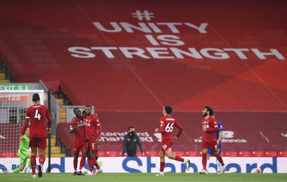 Liverpool’s Naby Keita (second left) celebrates scoring against Chelsea at an empty Anfield last season. Photo: AP