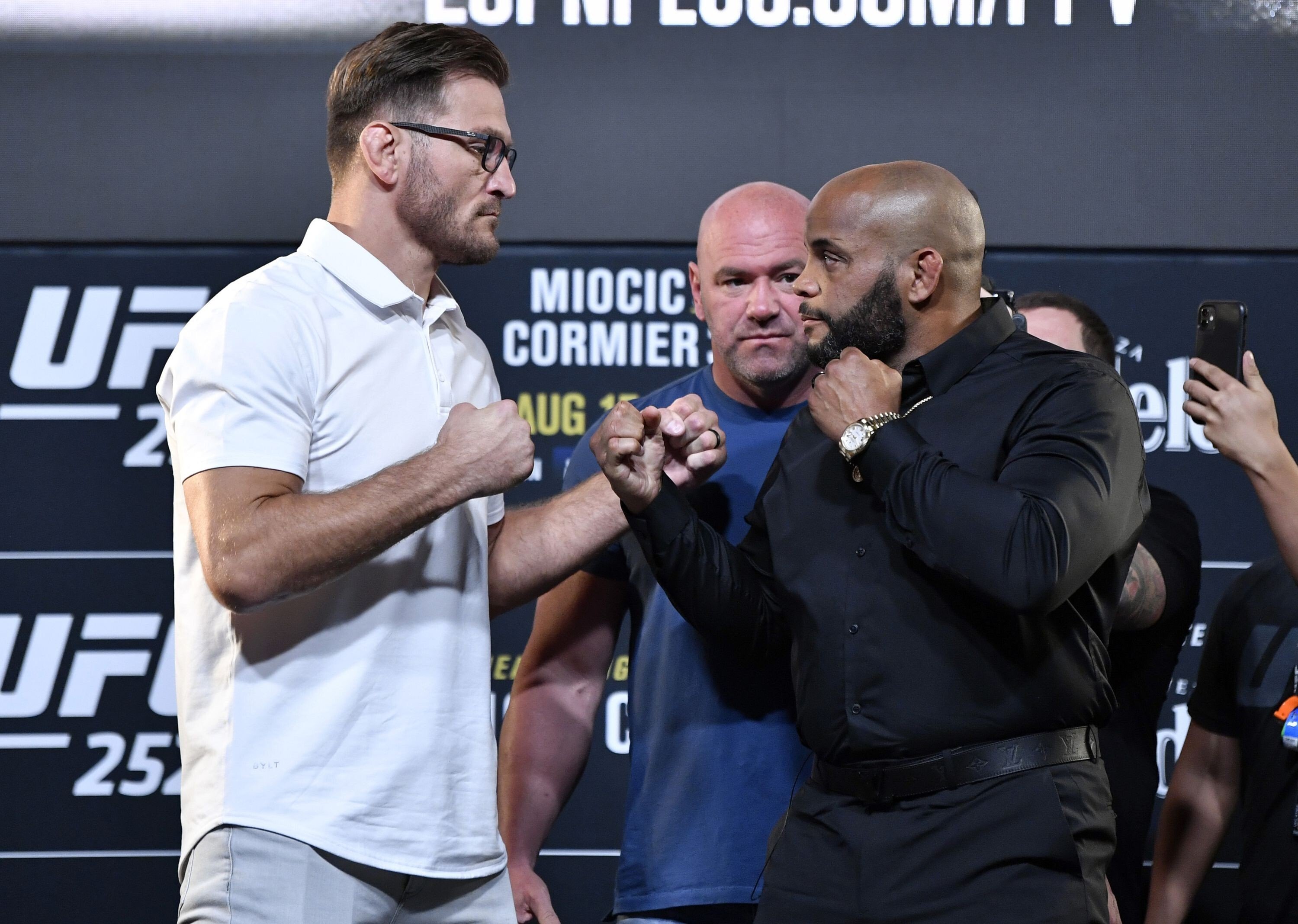 Stipe Miocic and Daniel Cormier face off during the UFC 252 press conference at the UFC Apex on August 13, 2020 in Las Vegas, Nevada. Photo: Jeff Bottari/Zuffa LLC