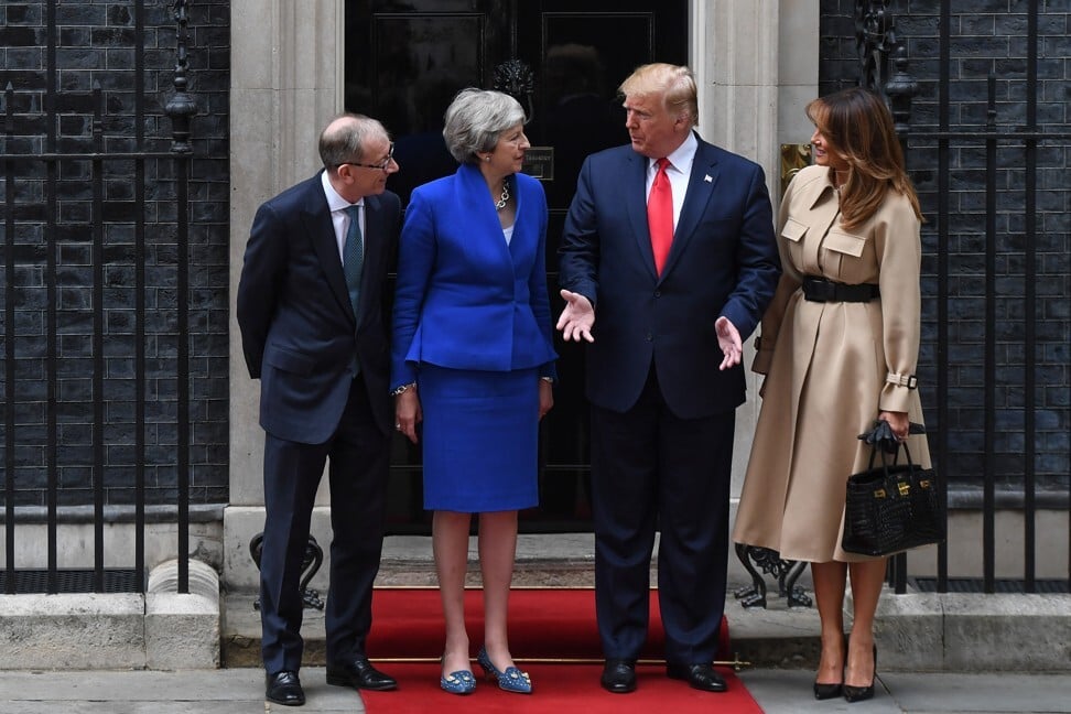 The Trumps meet former British prime minister Theresa May and husband Philip outside No 10 Downing Street last year. Photo: Bloomberg