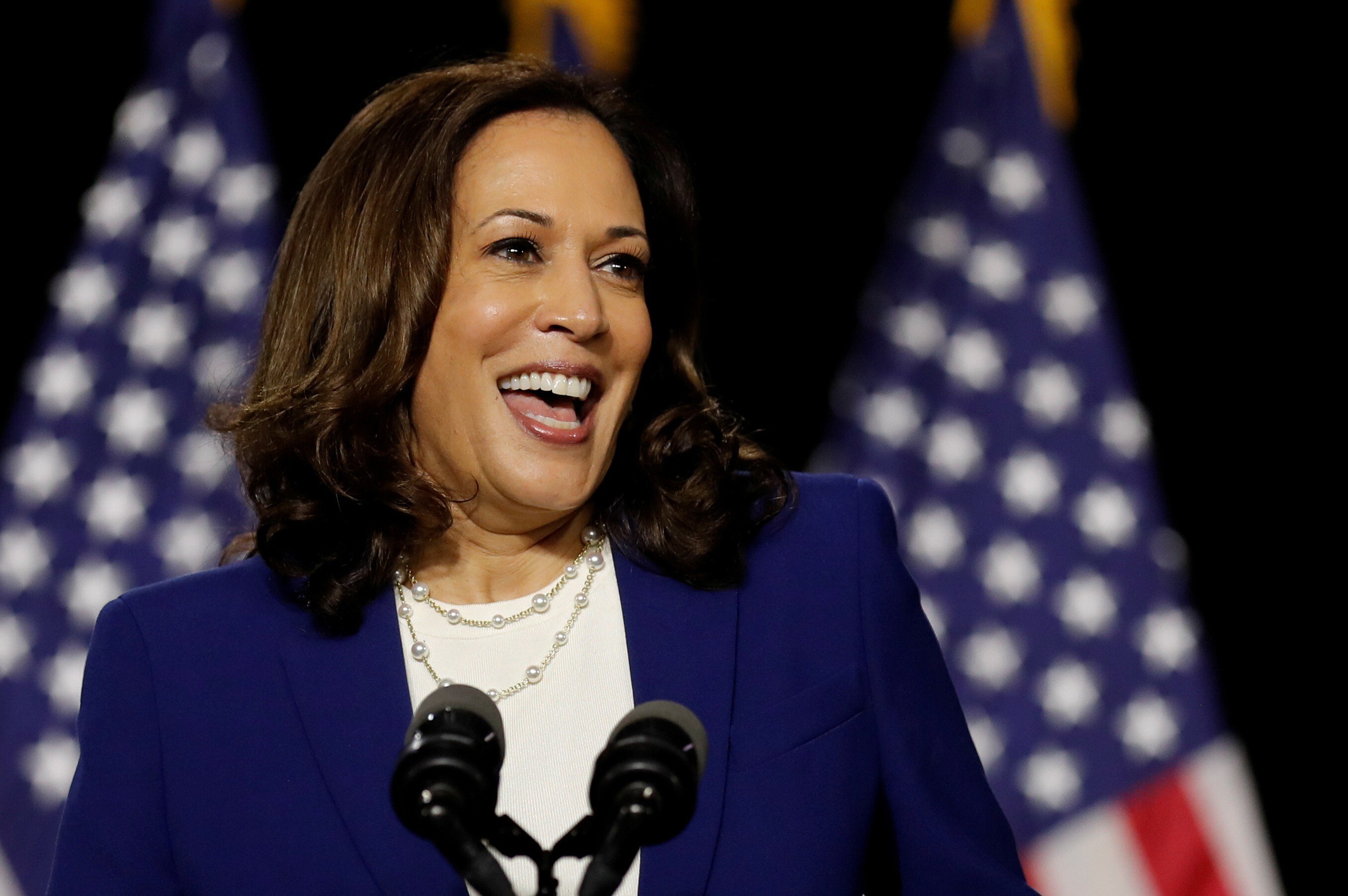 Democratic vice-presidential candidate Kamala Harris speaks at a campaign event on August 12. Photo: Reuters