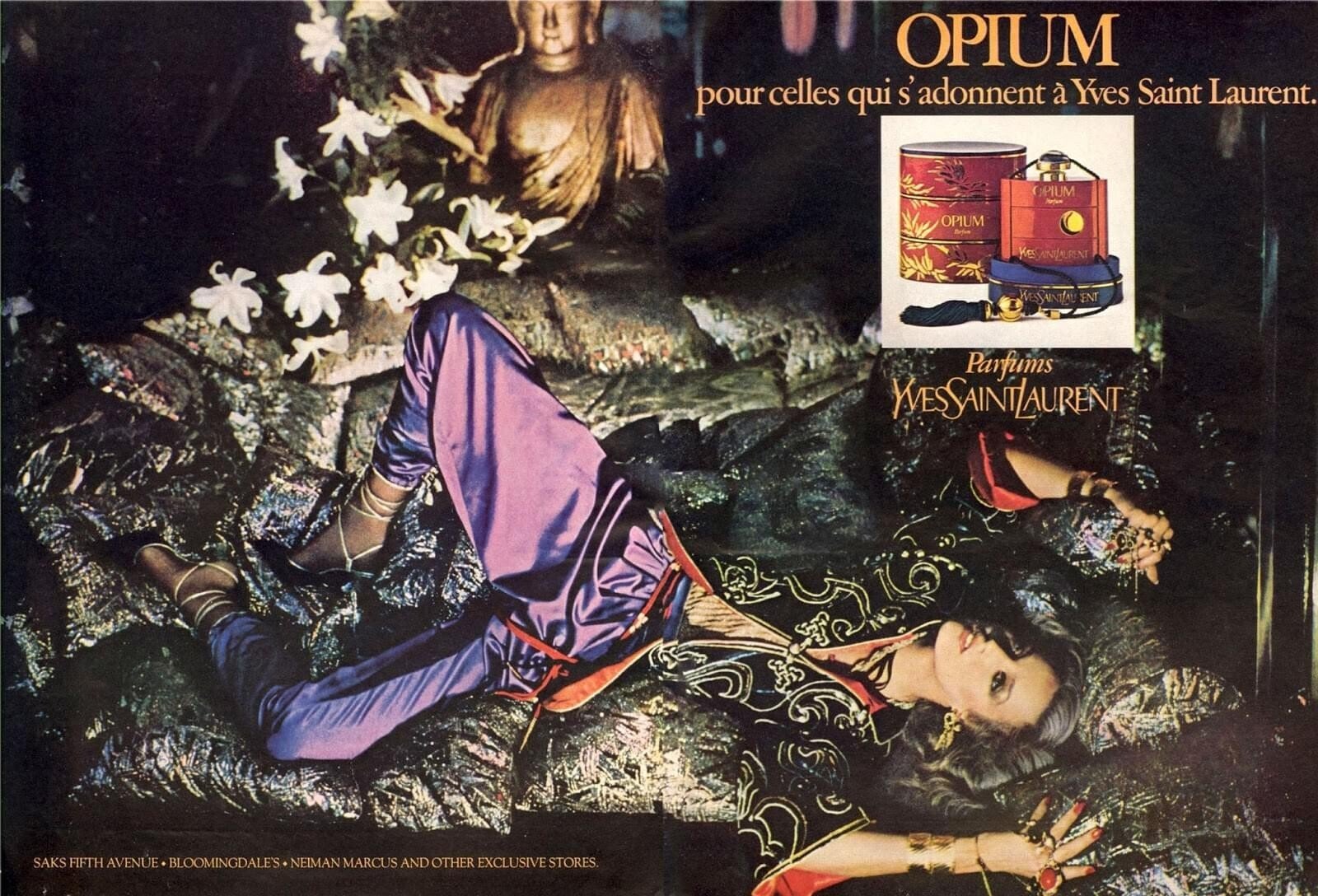 American model Jerry Hall in a 1977 advertisement for Yves Saint Laurent’s fragrance Opium. Photo: Handout