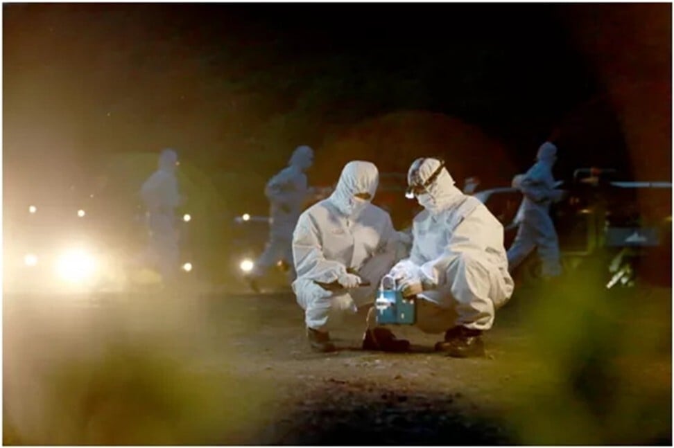 PLA Rocket Force soldiers deal with a nuclear incident drill at night. Since April, anti-CBRN exercises have become a major training focus in China’s Western Theatre Command. Photo: PLA Rocket Force WeChat.