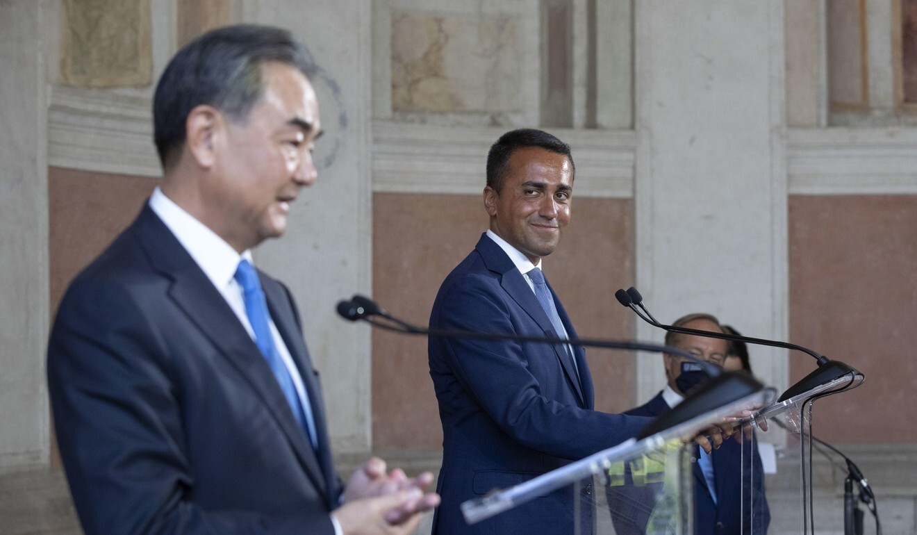 Wang and Di Maio during the joint news conference following their meeting on Tuesday. Photo: EPA-EFE