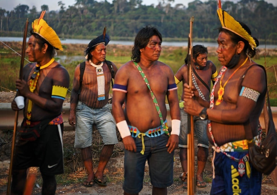 Members of Brazil’s Kayapo tribe protest on a highway in Para State over the lack of governmental support during the Covid-19 pandemic, and illegal deforestation. Photo: AFP