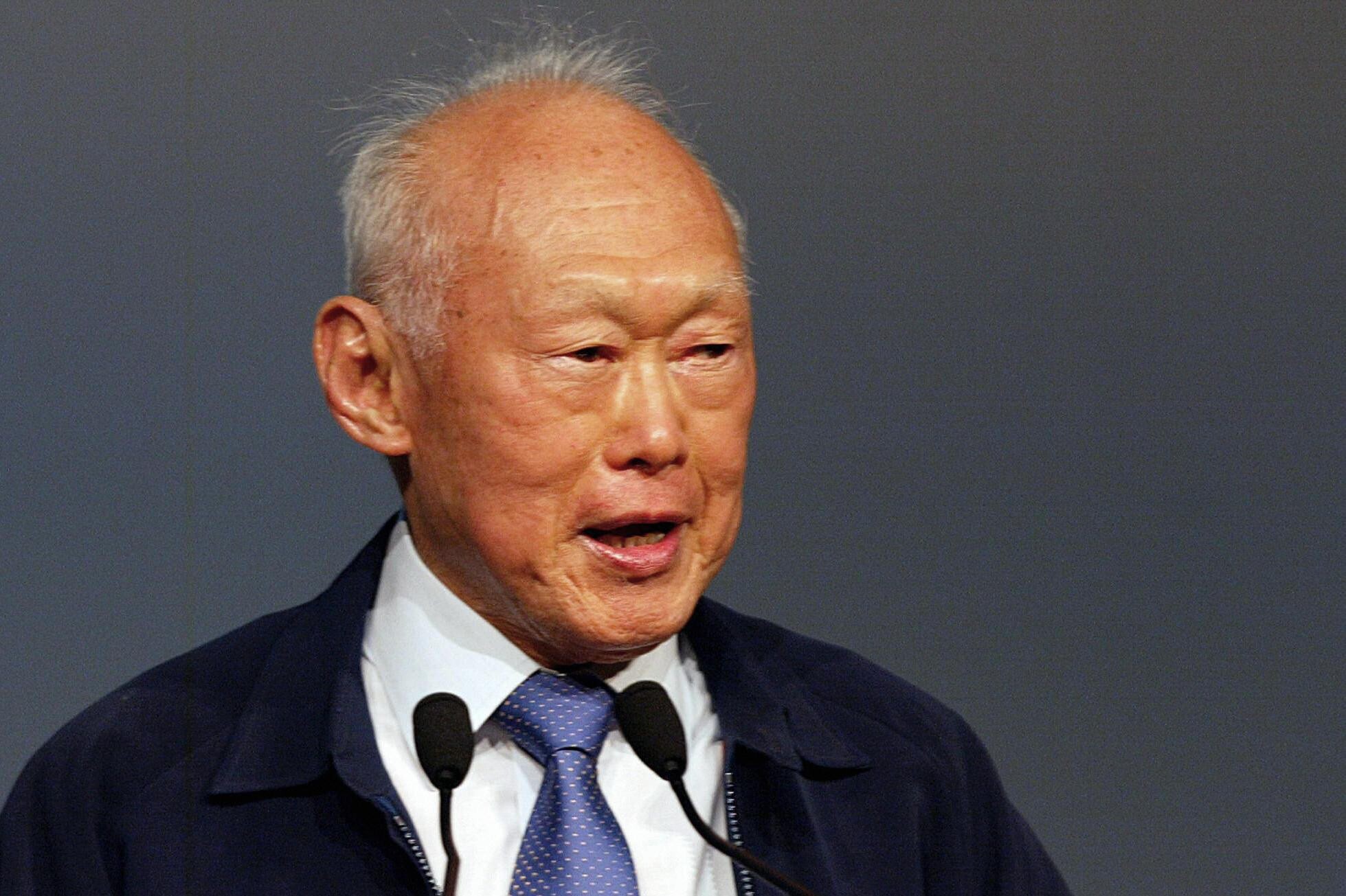 Founding prime minister Lee Kuan Yew addresses delegates at the Global Brand Forum in Singapore in August 2004. Lee was autocratic but revered as a statesman and nation builder. Photo: AFP