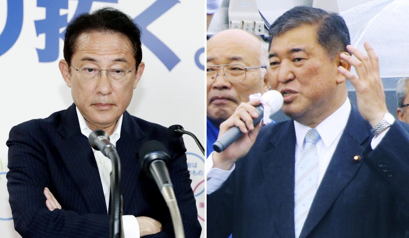 Former foreign minister Fumio Kishida and former defence minister Shigeru Ishiba are considered front runners as Abe’s successor. Photo: Kyodo