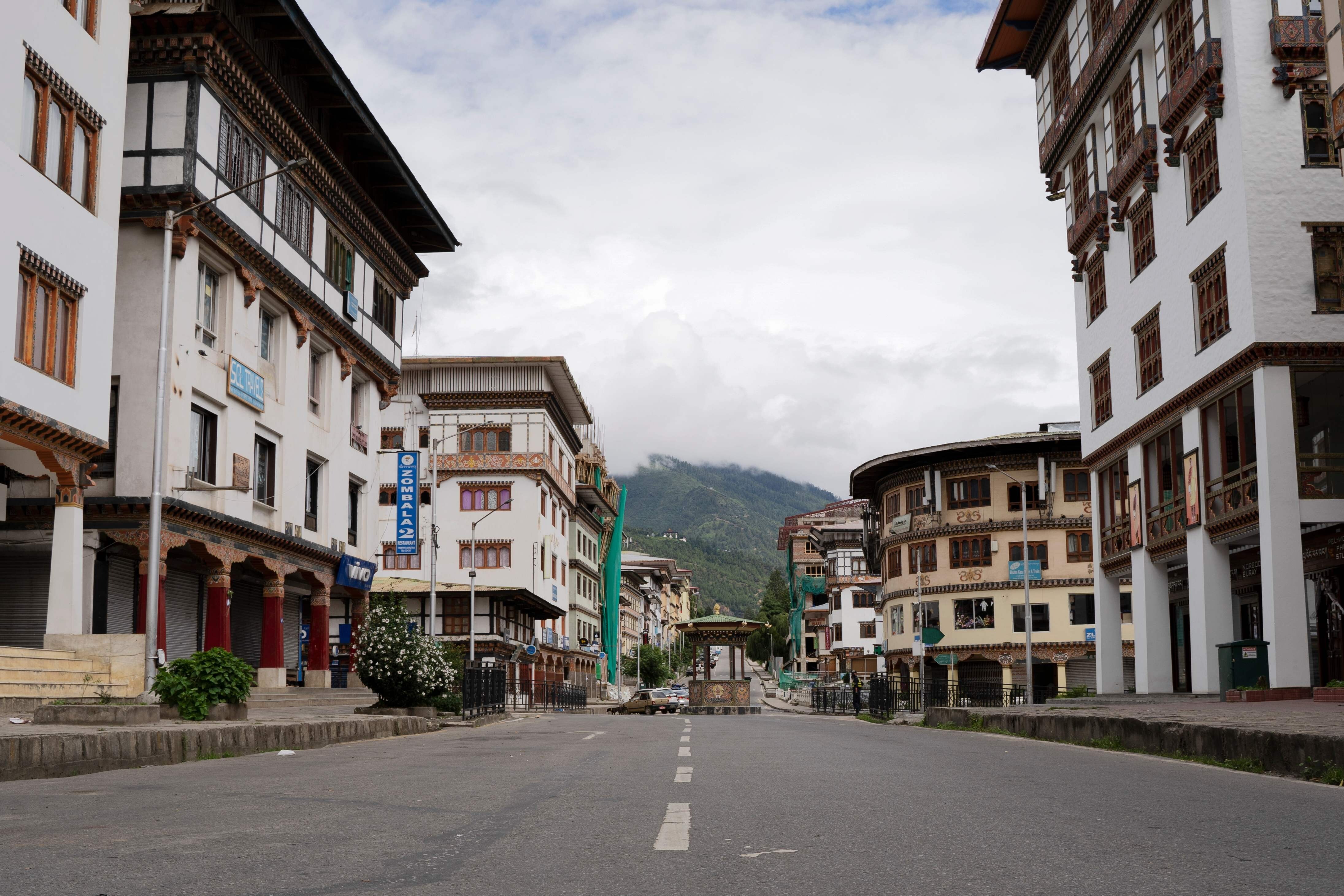 Norzin Lam Road, Bhutan’s capital main artery, is seen deserted on August 13, 2020, during a coronavirus lockdown. Photo: AFP