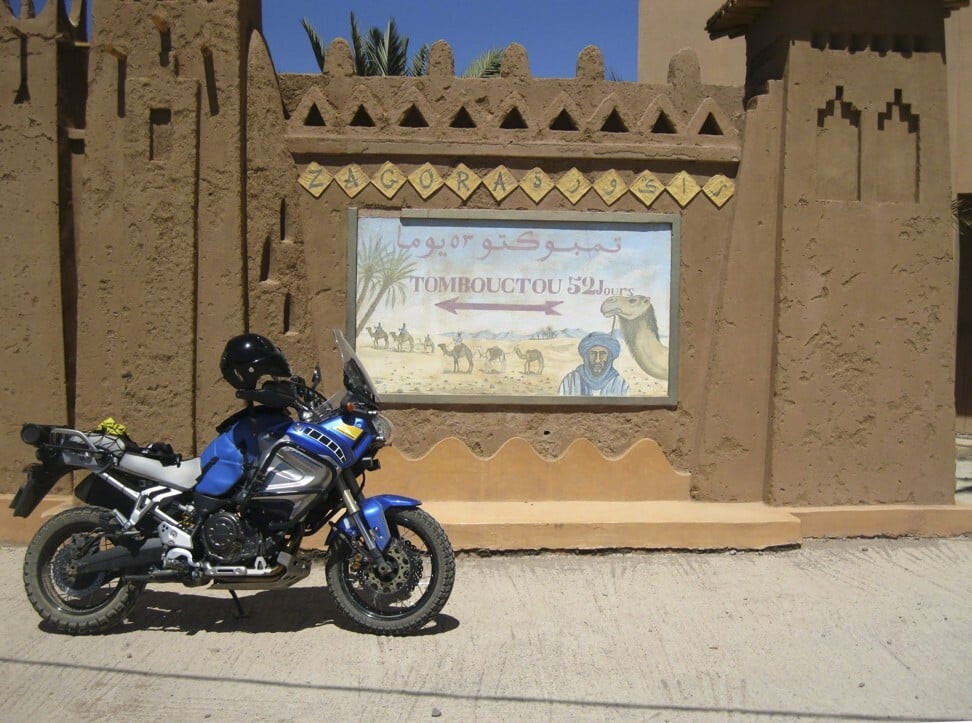 Patrick Coste with his Yahama 1200 Super Tenere bike during his trip to Morocco, in Timbuktu City in Mali, 2012.CREDIT: Patrick Coste