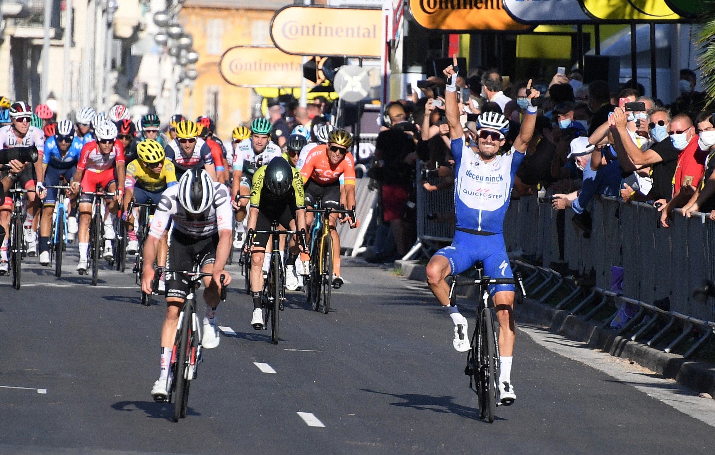 Deceuninck-Quick Step rider Julian Alaphilippe of France celebrates winning stage two. Photo: Reuters