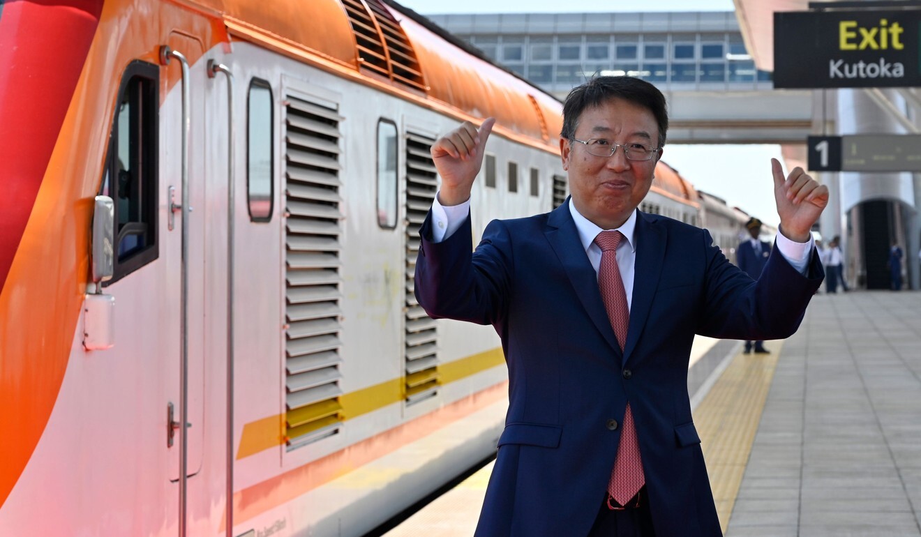 Former Chinese ambassador to Kenya Wu Peng give the ‘thumbs up’ sign at the launch of the a Chinese-funded railway in Nairobi. Photo: AFP