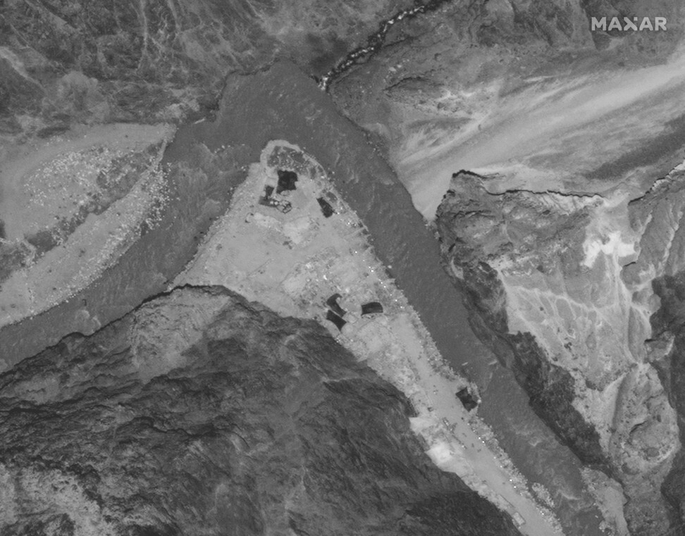 A satellite image of the Galwan Valley along the disputed border between India and China. Photo: Maxar Technologies via AP