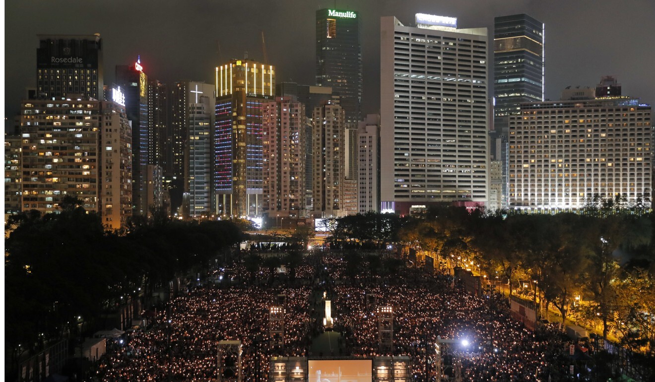 The incident occurred at the candlelight vigil for the Tiananmen Square crackdown held in Victoria Park on June 4, 2017. Photo: AP