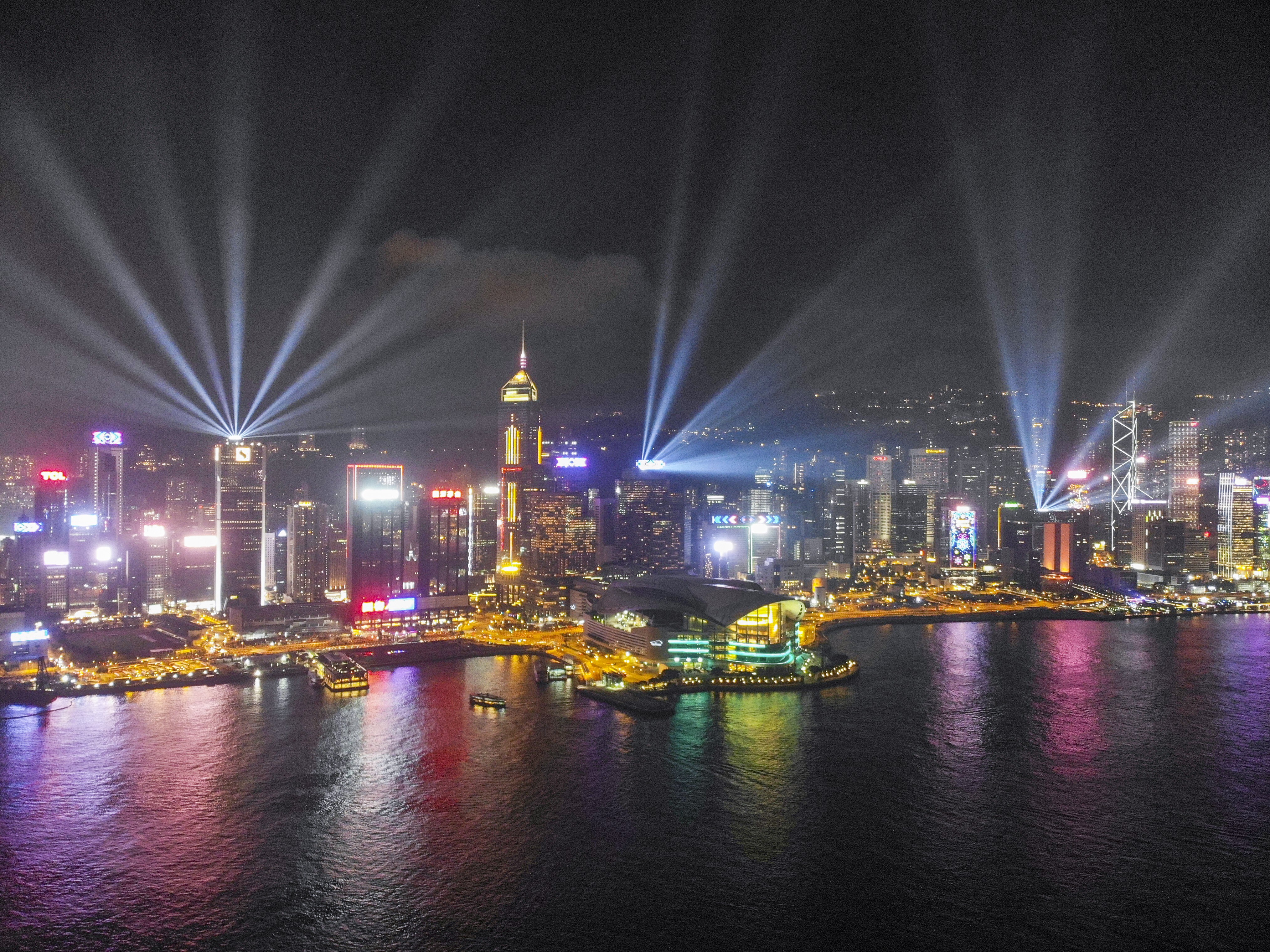Hong Kong’s Symphony of Lights laser show still plays every night at 8pm despite tourists being at an all-time low, a situation questioned by artist Mark Chung in his residency at de Sarthe Gallery this month. Photo: Martin Chan