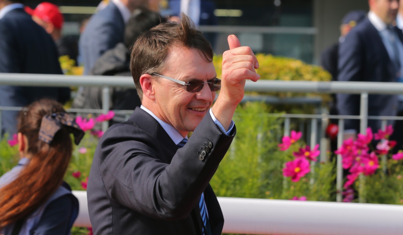 Star Irish trainer Aidan O’Brien celebrates Highland Reel’s win in the 2017 Hong Kong Vase.