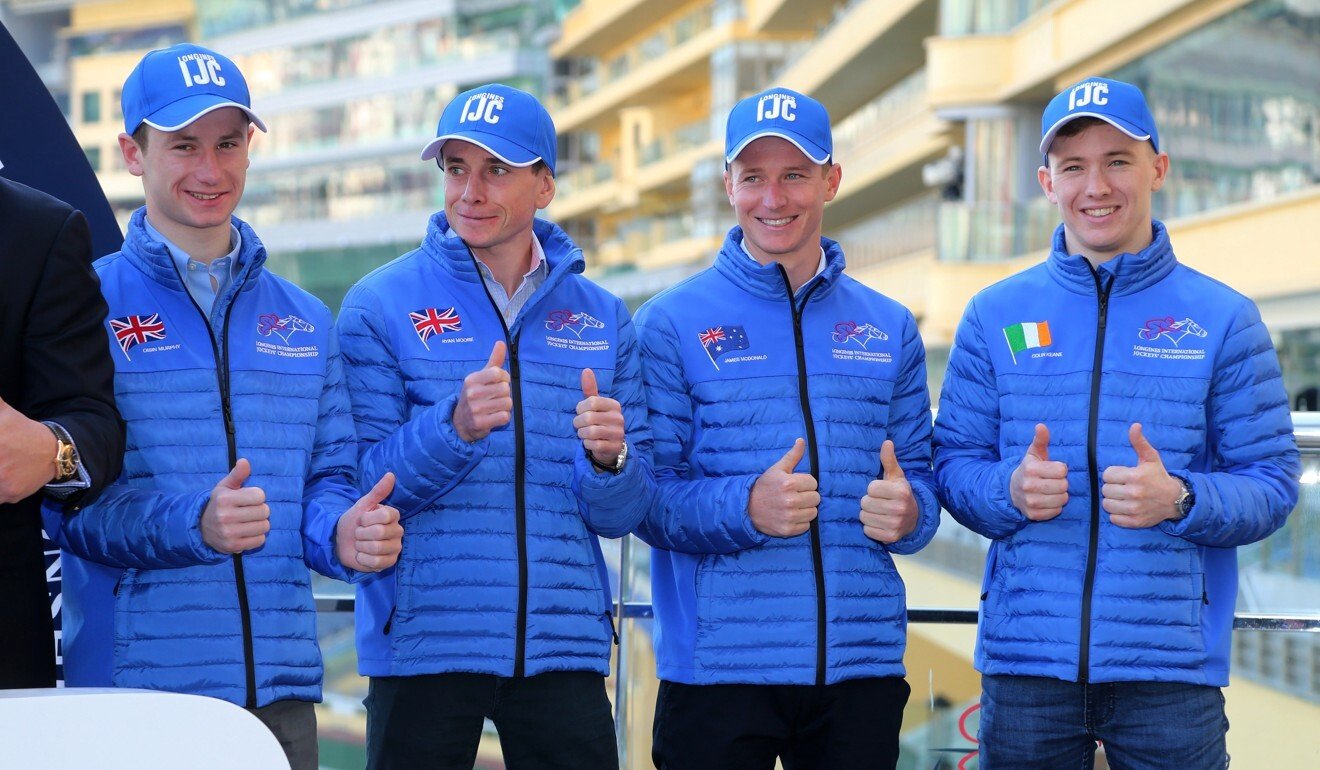 Jockeys Oisin Murphy, Ryan Moore, James McDonald and Colin Keane at the 2019 International Jockeys' Championship press conference. Photo: Kenneth Chan