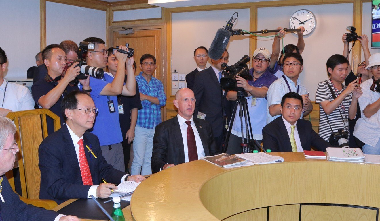 Chief steward Kim Kelly addresses the media from the Happy Valley inquiry room.