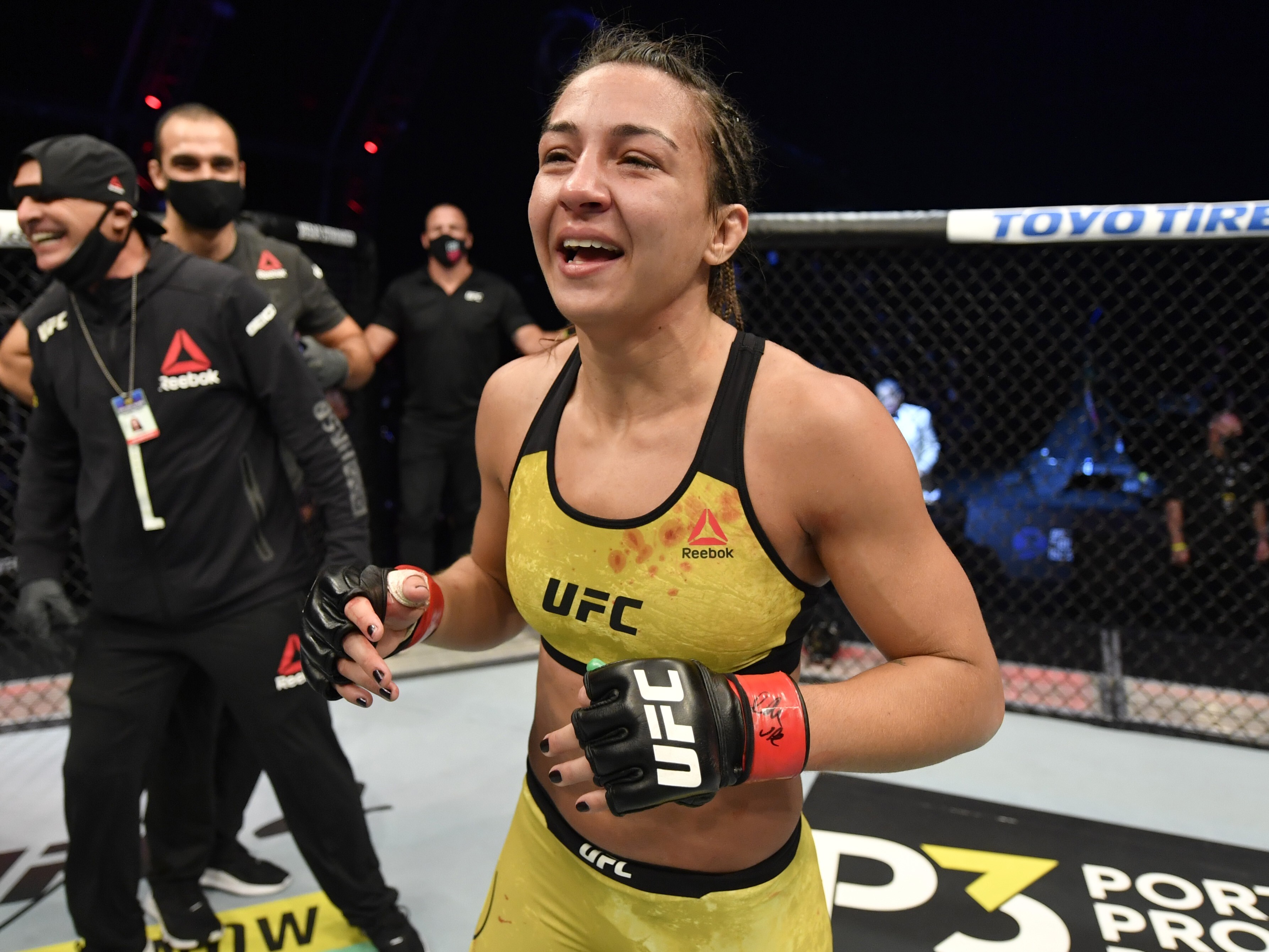 Brazil’s Amanda Ribas celebrates her victory over Paige VanZant in their flyweight fight during UFC 251 in Abu Dhabi. Photo: USA TODAY Sports