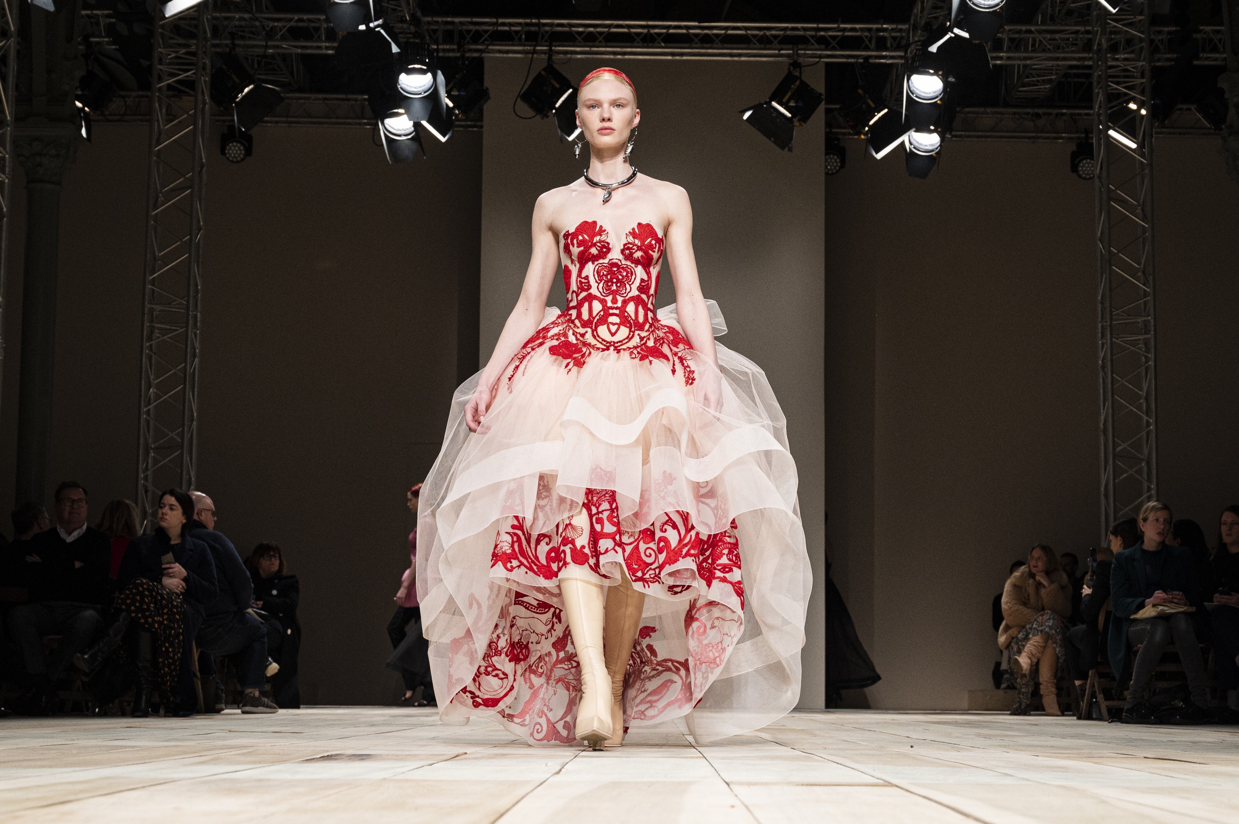 A dress from the Alexander McQueen autum/winter 2020 collection, which was inspired by St Fagans museum, in Wales. Photo: Getty Images