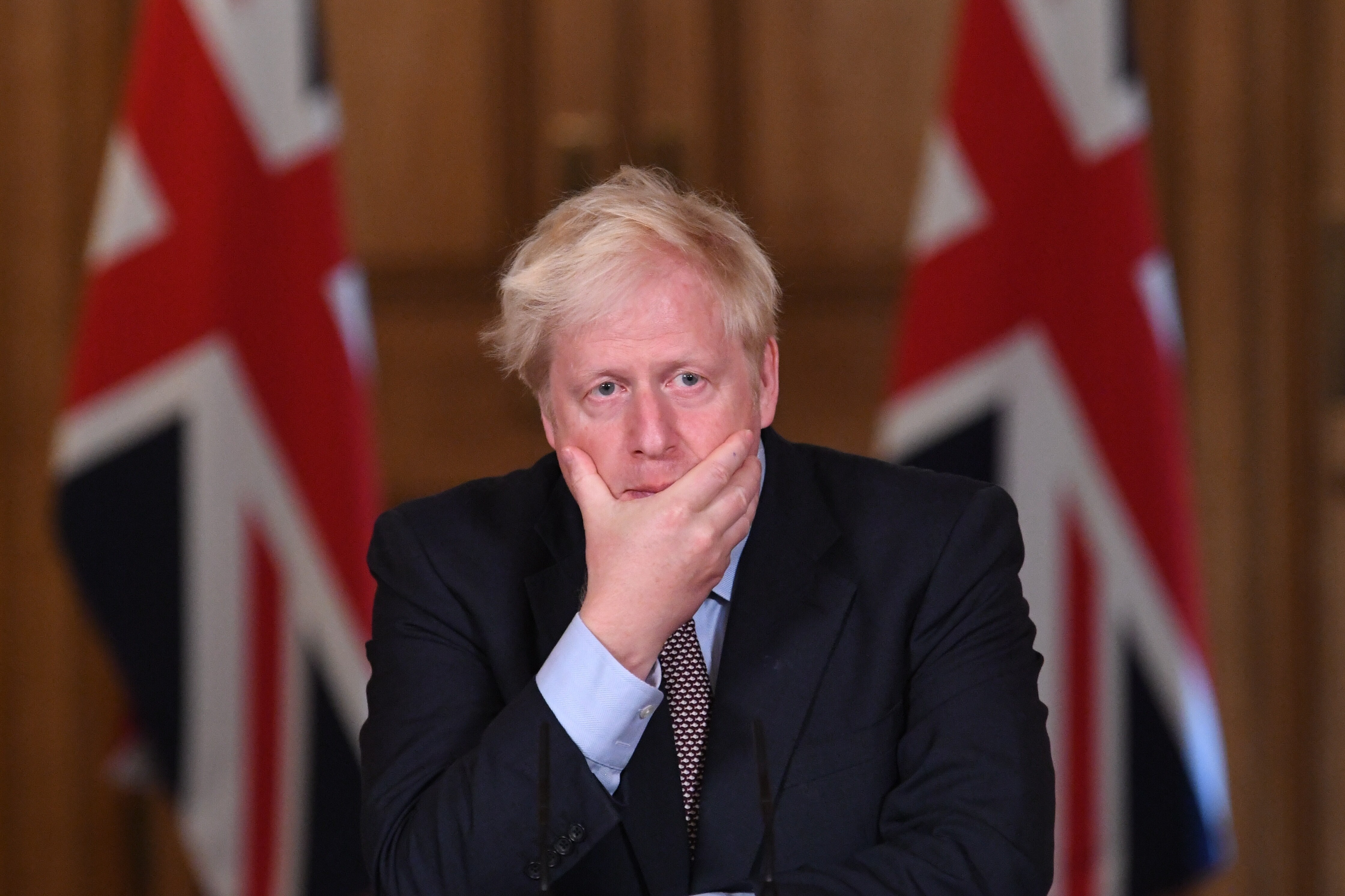 UK Prime Minister Boris Johnson attends a virtual press conference at Downing Street on Monday. Photo: DPA