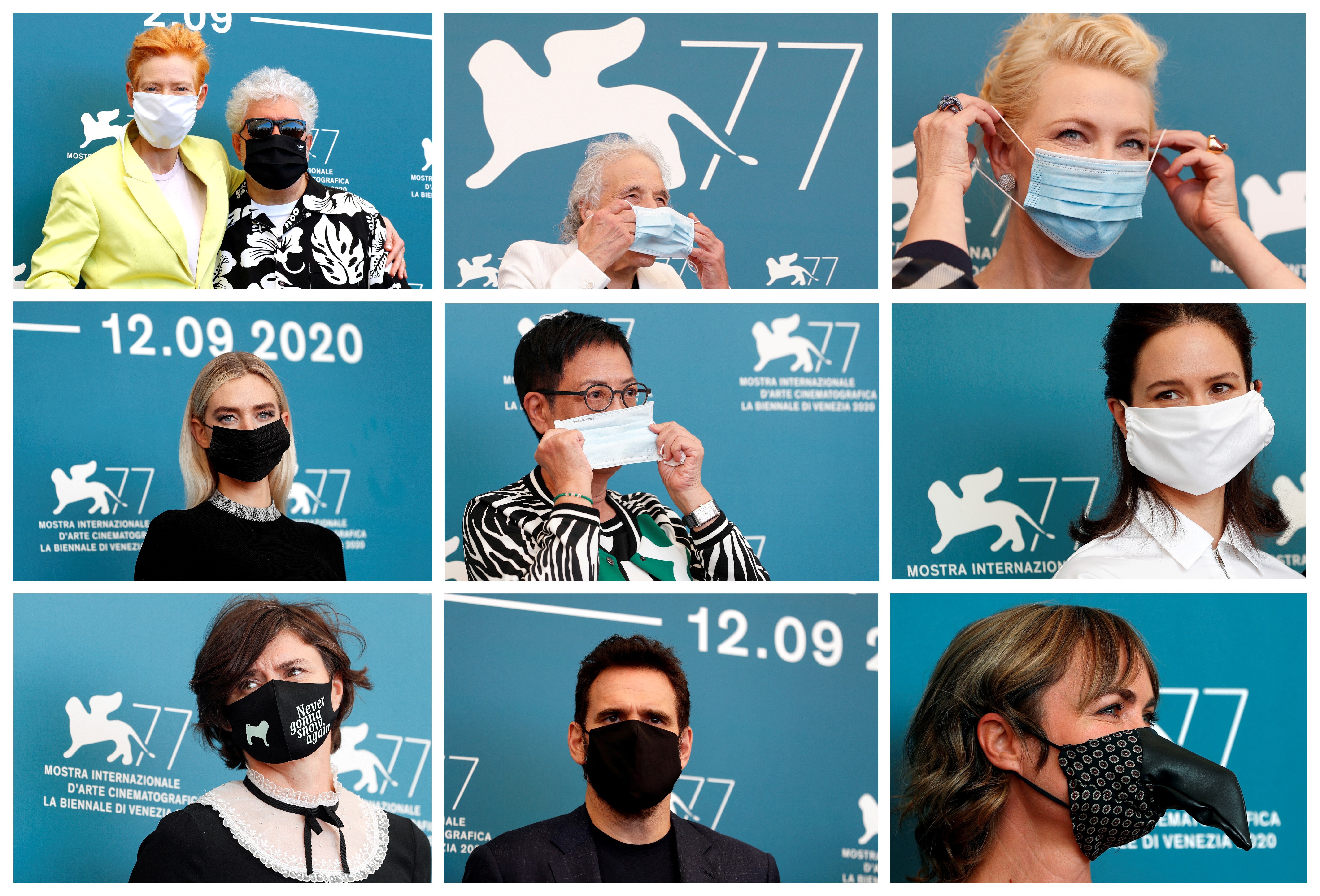 The 77th Venice International Film Festival featured safety measures like required face masks; director Pedro Almodóvar, actor Tilda Swinton, director Abel Ferrara, president of the jury Cate Blanchett, actor Vanessa Kirby, director Ann Hui, actor Katherine Waterston, director Malgorzata Szumowska, member of the jury Matt Dillon and actor Radha Mitchell don masks while posting at the festival. Photos: Reuters
