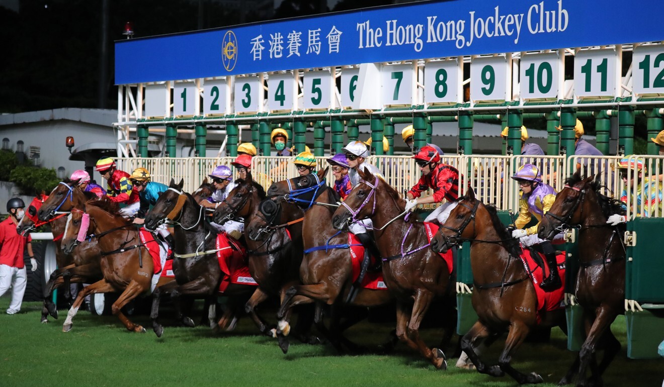 Horses jump from the barriers at Happy Valley.