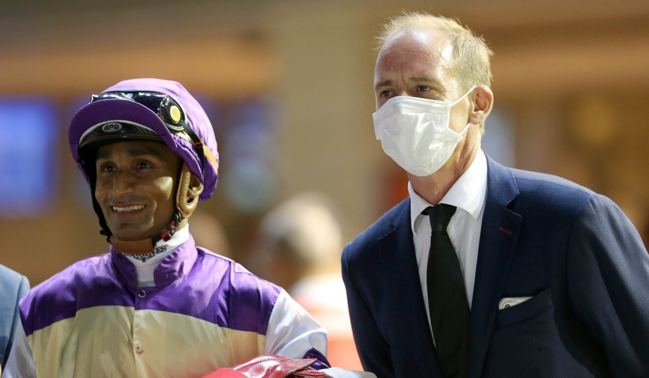 Karis Teetan and Richard Gibson – in his black tie – after All You Know’s win in the opening race at Happy Valley on Wednesday night. Photo: Kenneth Chan