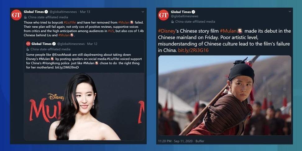 Tweets from state-owned tabloid Global Times reflect the sharp change sentiment towards Mulan in China after bad reviews started piling up. Image: Screenshots from Twitter