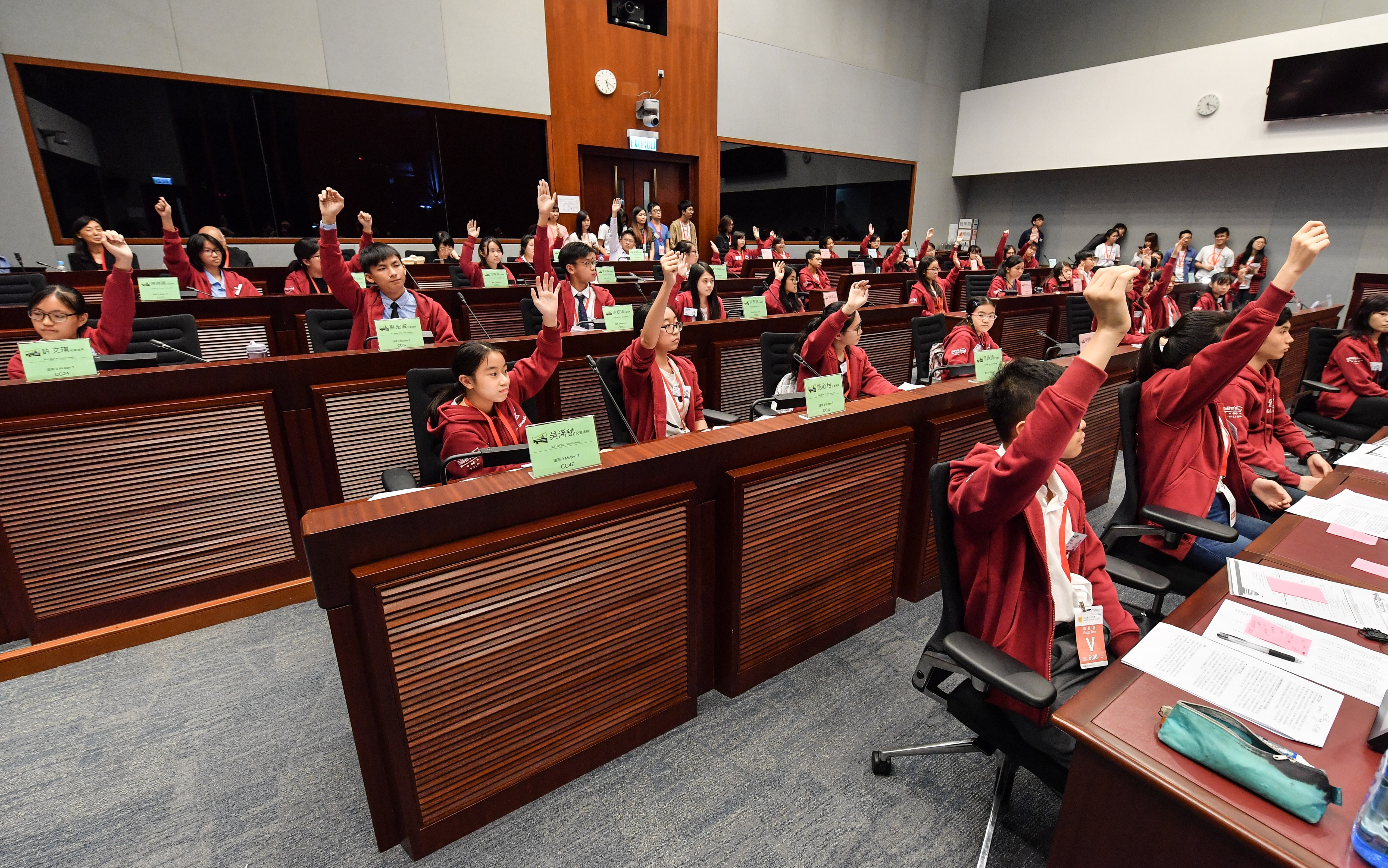 Fifty-one young councillors gathered at Legco to discuss proposed policies on youth-related issues. Photo: Children’s Council 2018