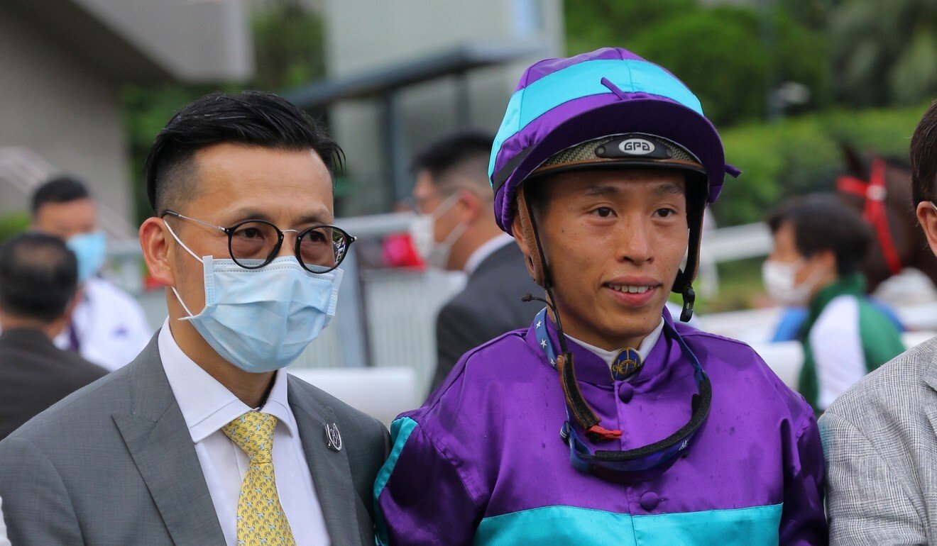 Trainer Frankie Lor and jockey Vincent Ho celebrate Winning Dreamer’s most recent victory in July.