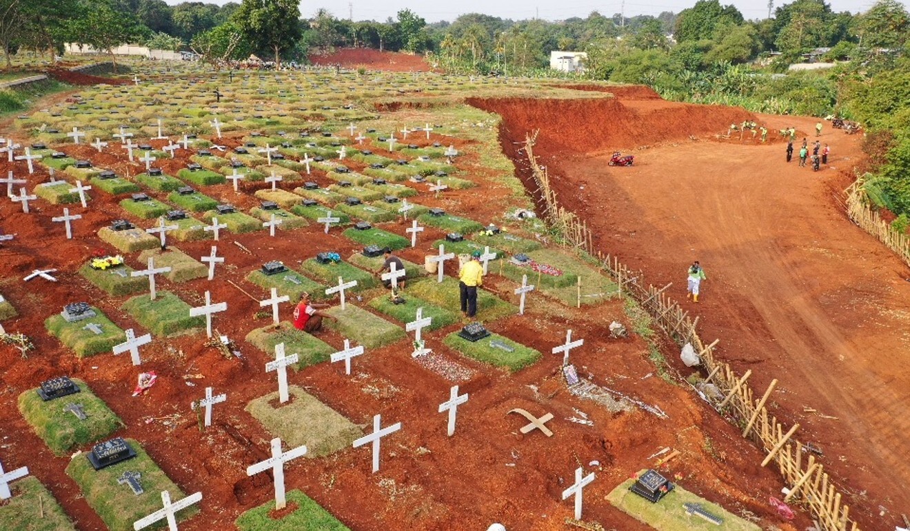 Gravediggers working at a cemetery in Jakarta on Wednesday. Indonesia has been one of the hardest-hit countries by coronavirus. Photo: AFP