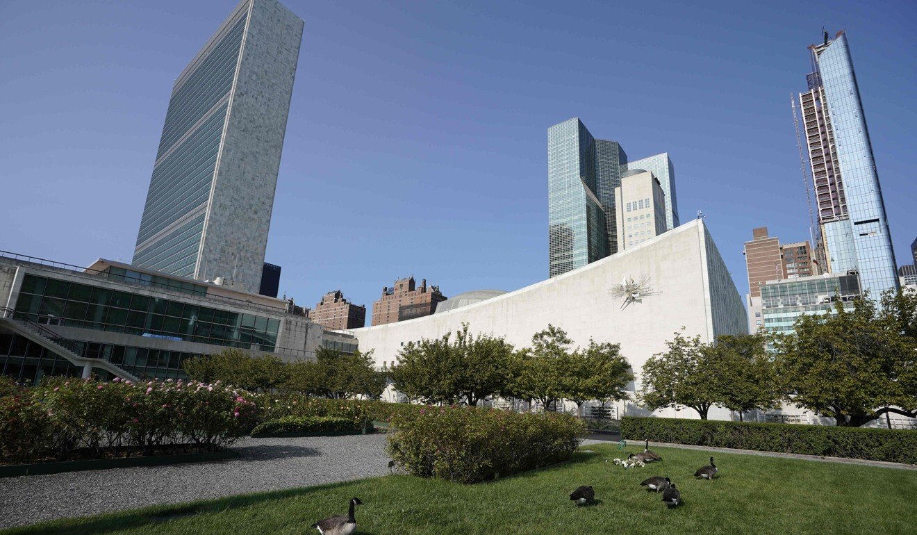 Empty grounds at the United Nations Tuesday during the 75th General Assembly of the United Nations, which is mostly virtual due to the covid-19 pandemic. Photo: AFP
