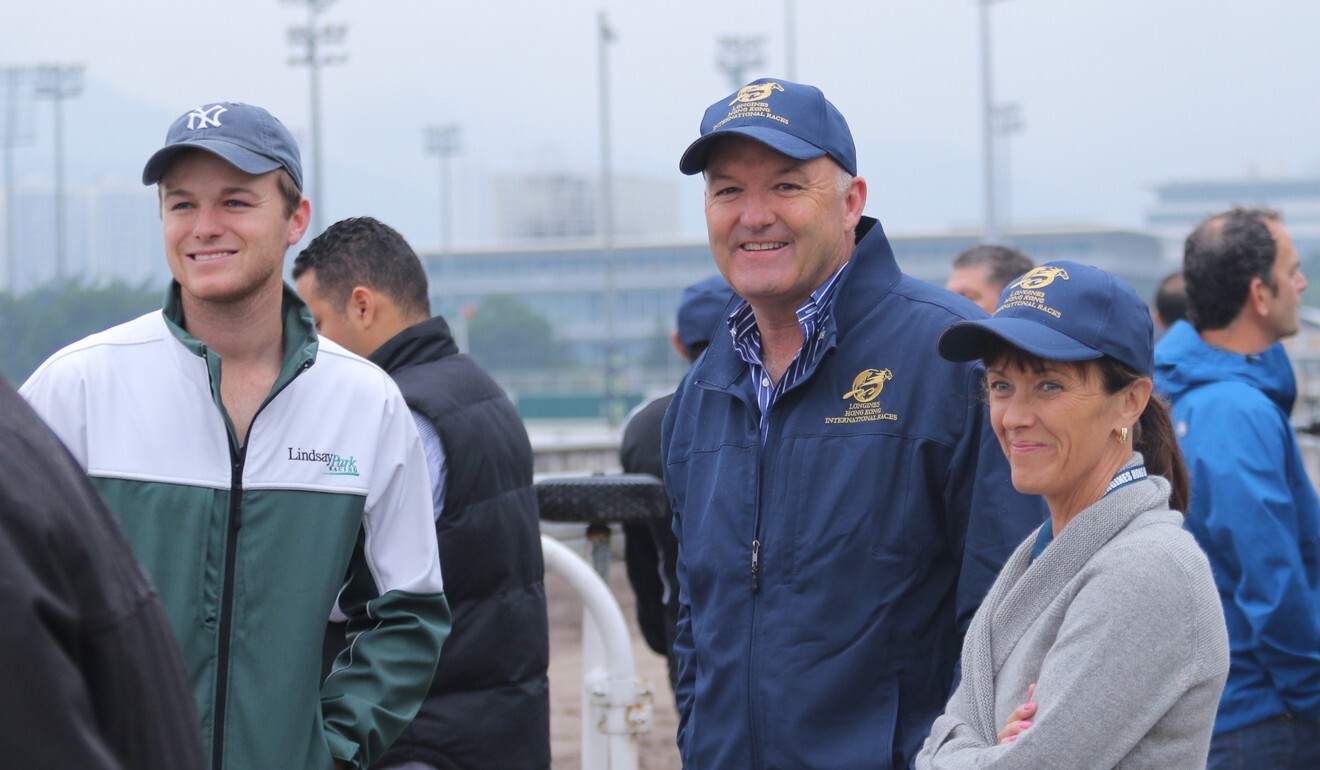 Trainer David Hayes (centre) with his wife Prue and son Ben at Sha Tin in 2015.