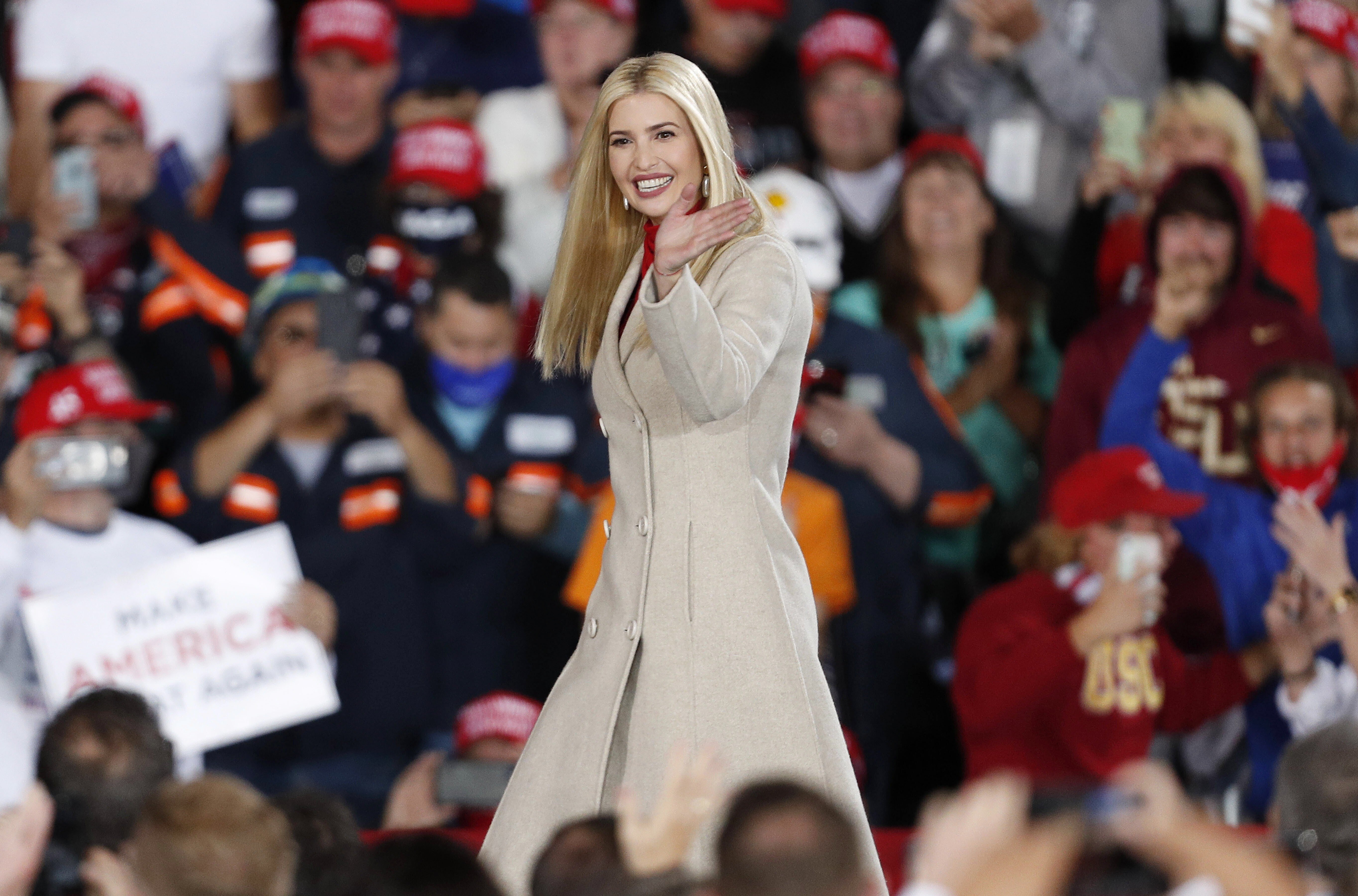 Adviser to the President Ivanka Trump waves during a campaign event in Moon Township, Pennsylvania, on Tuesday. Photo: EPA-EFE