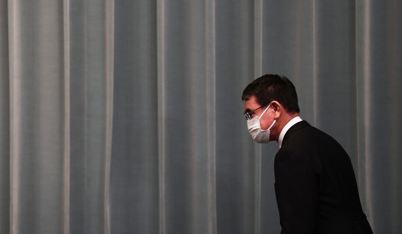 Japan’s newly appointed administrative reform minister Taro Kono during a September 17 press conference. Photo: AFP