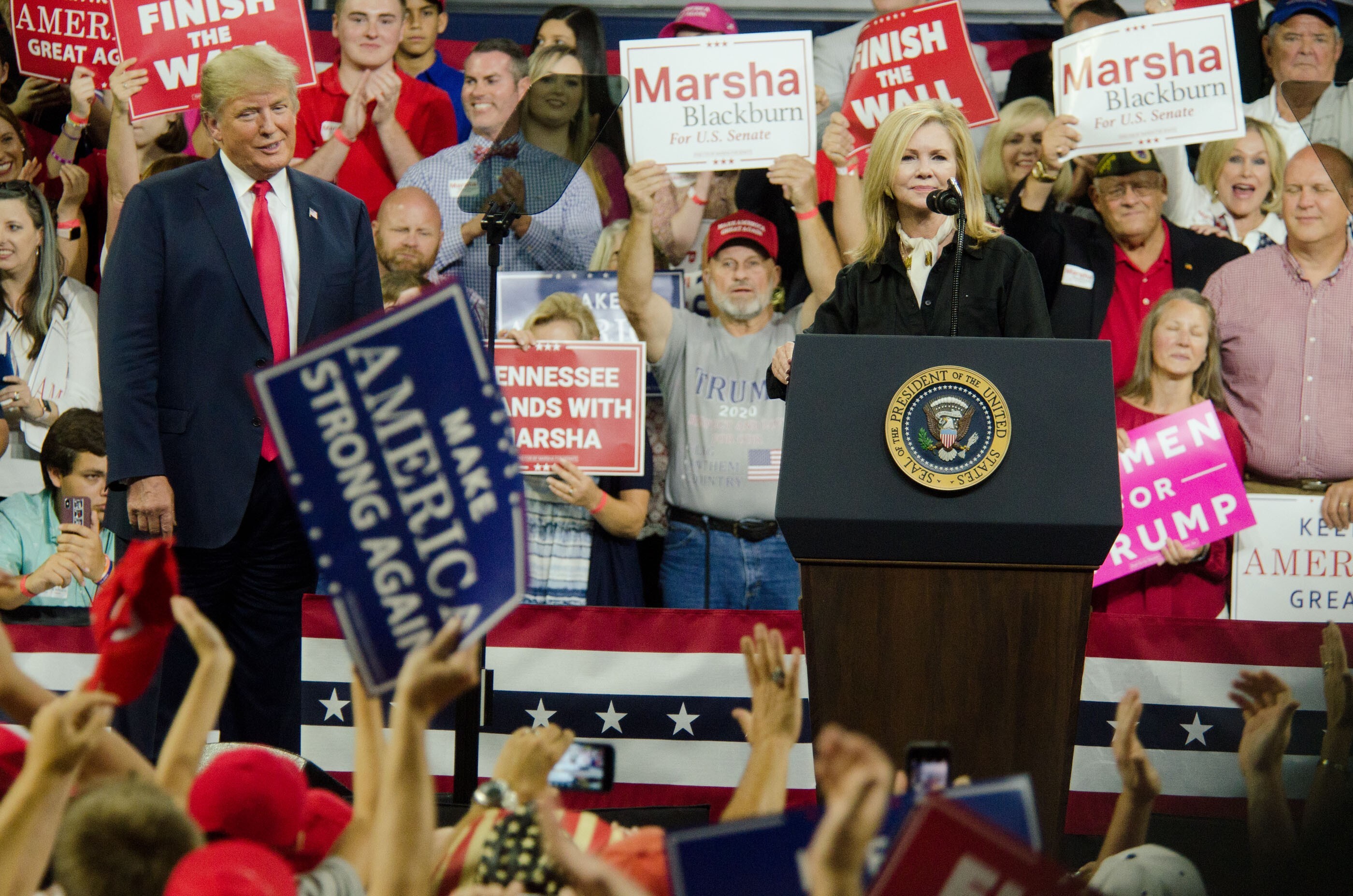 President Donald Trump praises Republican Marsha Blackburn during her Senate race in 2018. Photo: TNS