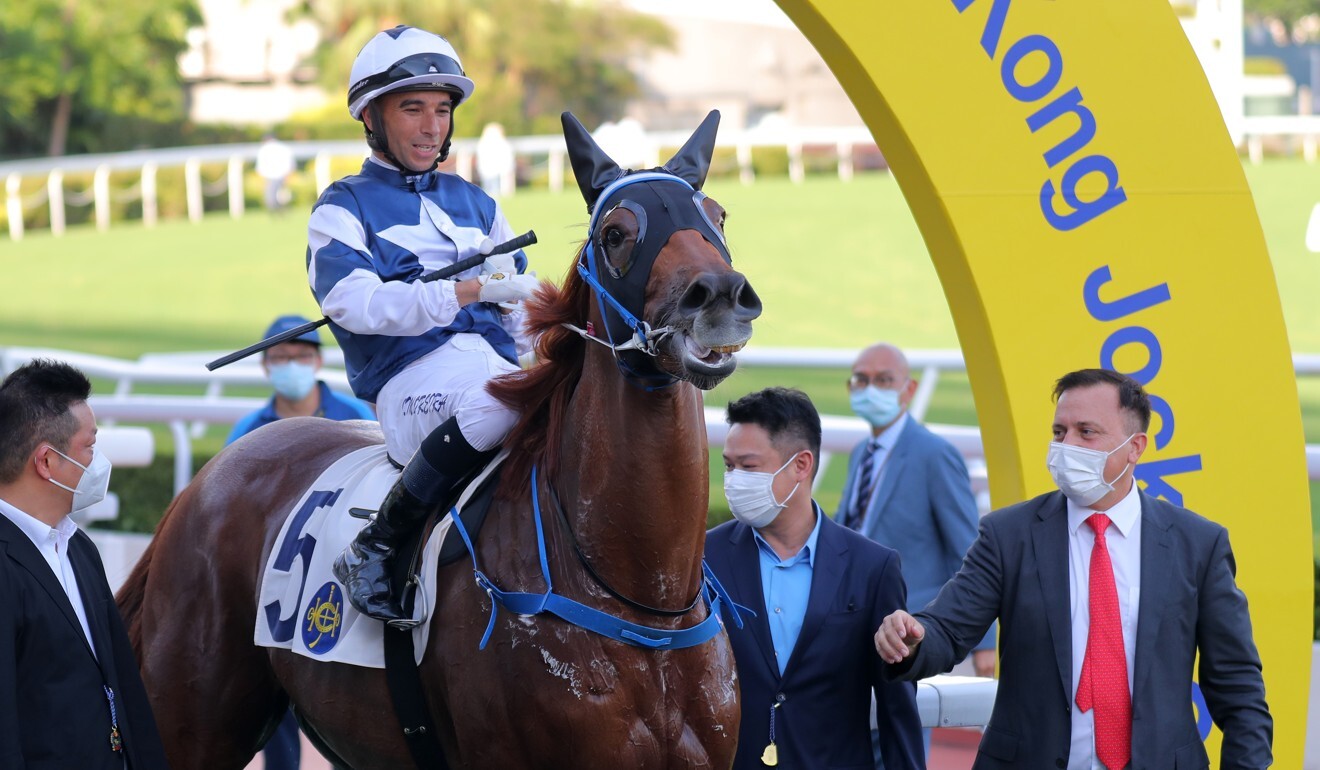 Caspar Fownes celebrates a Sha Tin winner earlier this season.