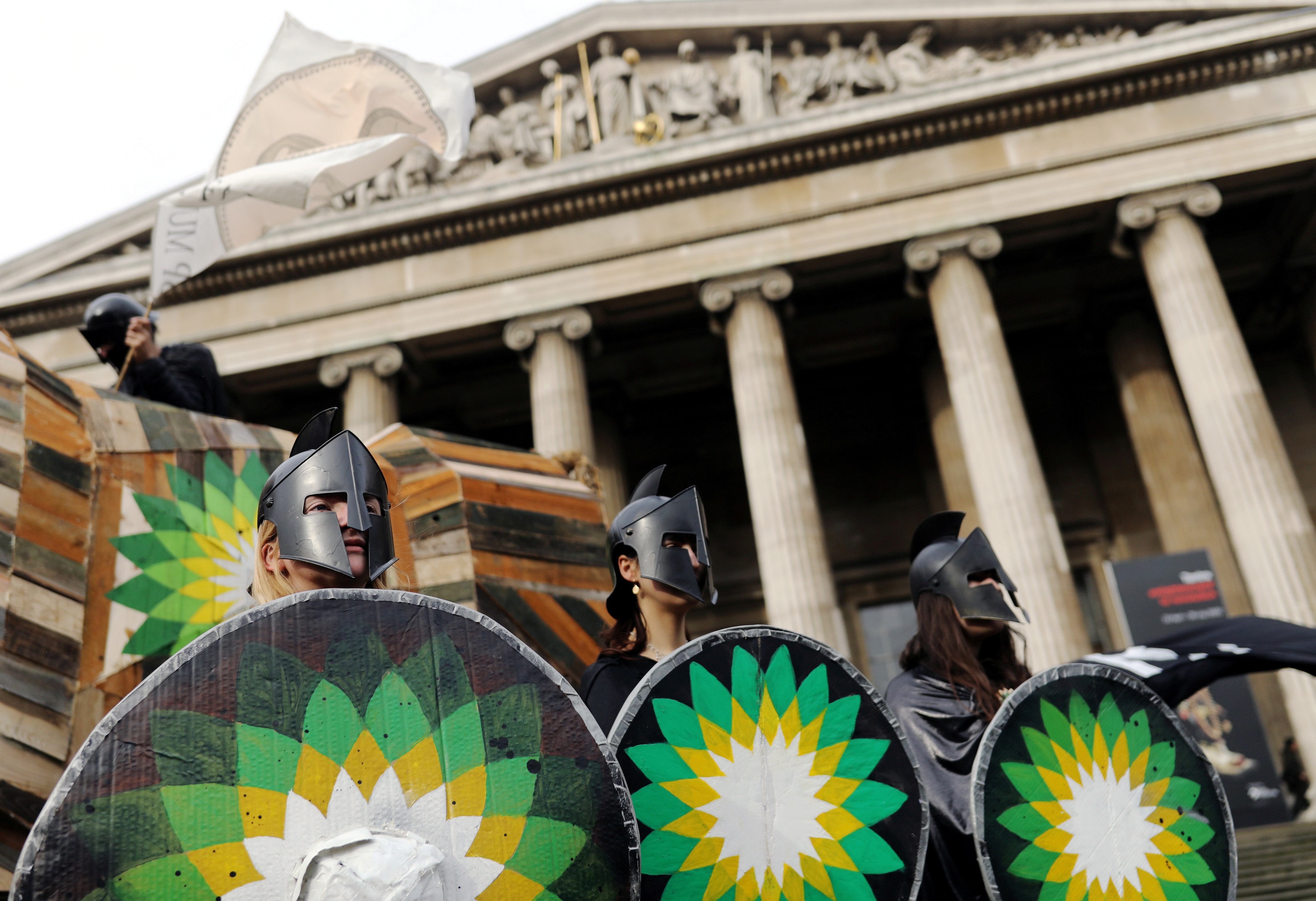 Climate change activists demonstrate against BP outside the British Museum in London on February 8. Photo: Reuters