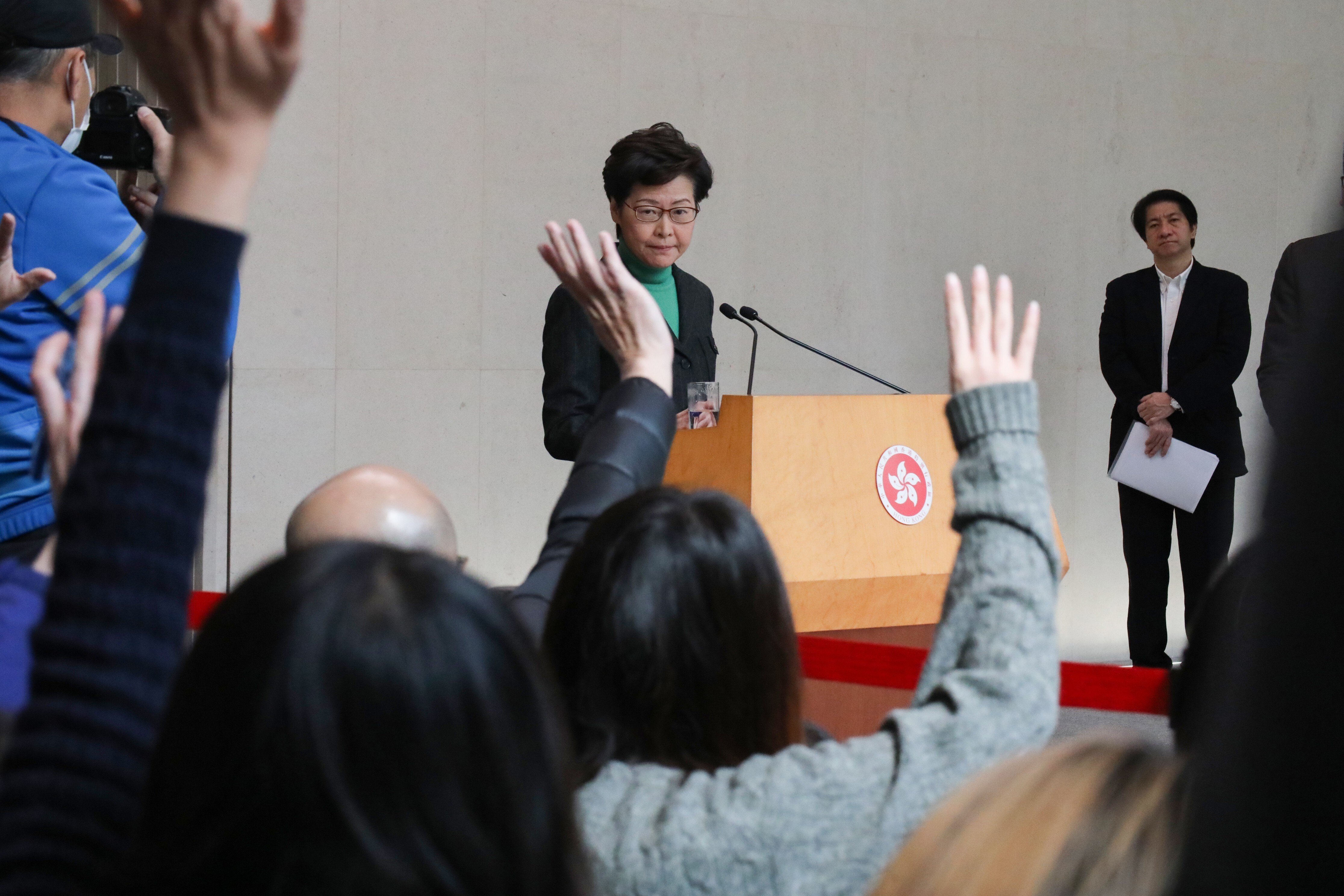 Chief Executive Carrie Lam Cheng Yuet-ngor speaks to the media last February. Are aggressive questions no longer part of media freedom? Lam refused to answer when reporters asked her recently. Photo: Felix Wong