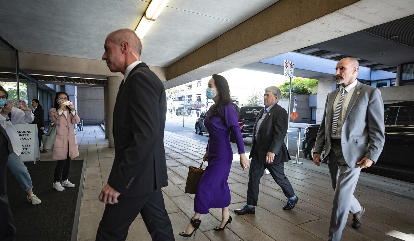 Meng arriving at the British Columbia Supreme Court for the hearing on Tuesday. Photo: The Canadian Press via AP