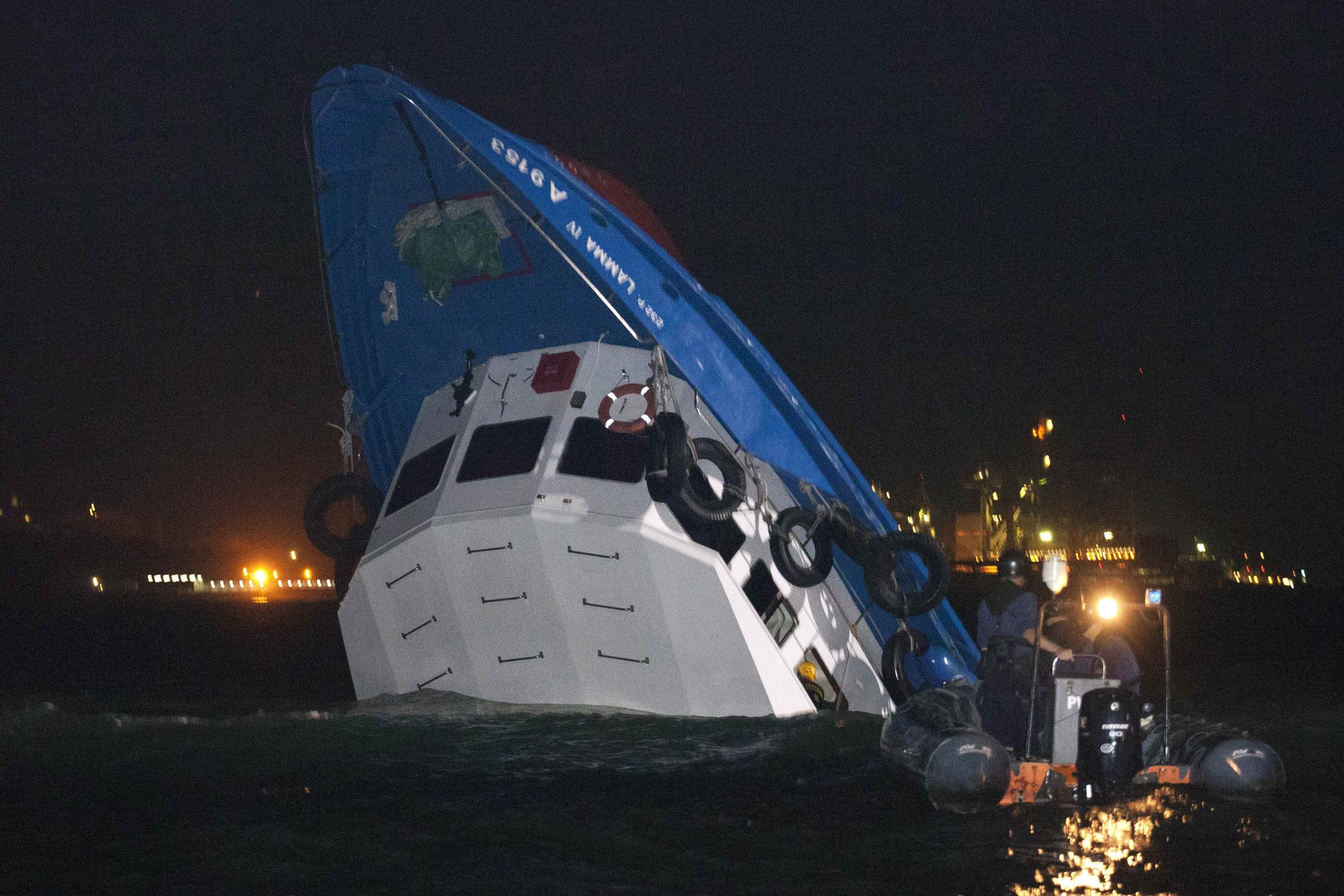 The partially submerged HK Electric Lamma IV ferry after the collision. Photo: Reuters
