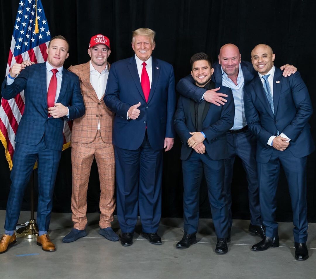 Justin Gaethje (left) and Colby Covington (second left) pose for a picture with US president Donald Trump along with other UFC fighters and personalities. Photo: Instagram