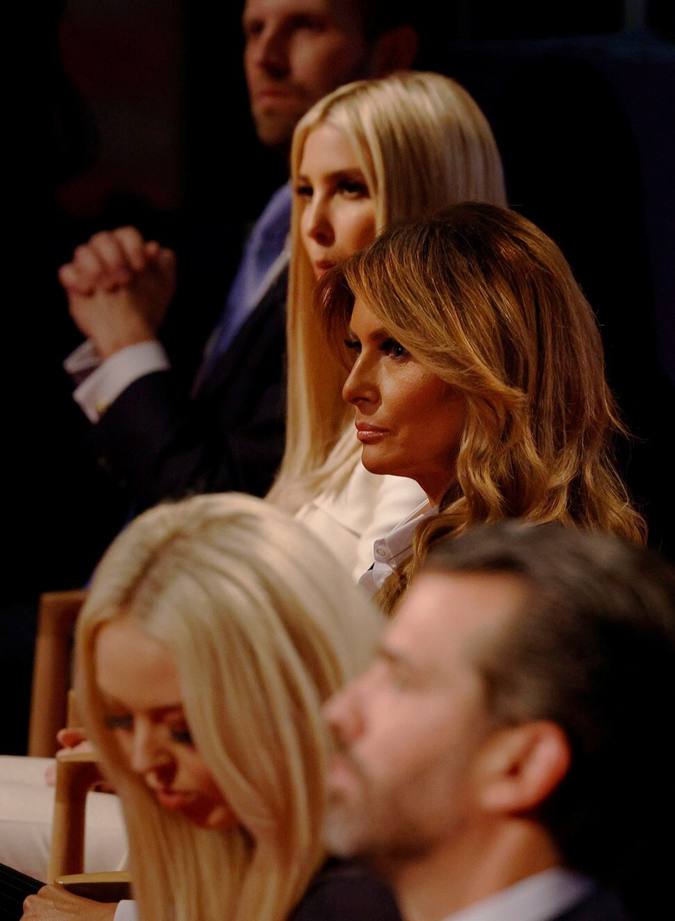 Trump’s family go maskless, before the start of the first 2020 presidential campaign debate. Photo: Reuters