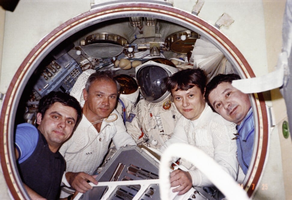 Soviet cosmonauts Vladimir Solovyov, Vladimir Dzhanibekov, Svetlana Savitskaya and Leonid Kizim aboard the Salyut 7 orbital space station. Photo: Tass